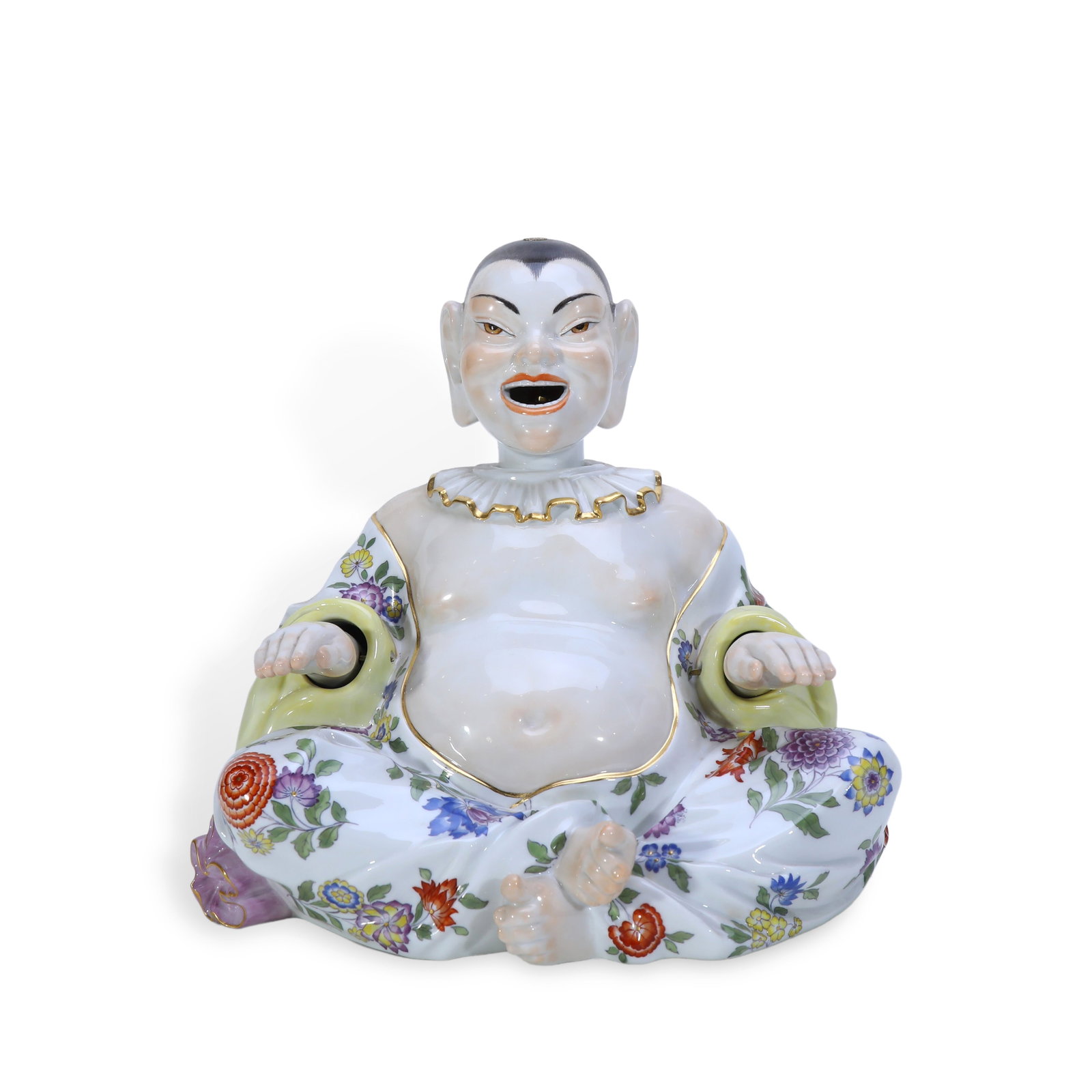 19th Century Meissen Chinoiserie Articulated Seated Buddha Porcelain Figure: H:20cm W:19.5cm The torso and arms are fully articulated; the head also wobbles (Nodding figure). It belongs to the highly amusing category of mechanical porcelain figures by Meissen.