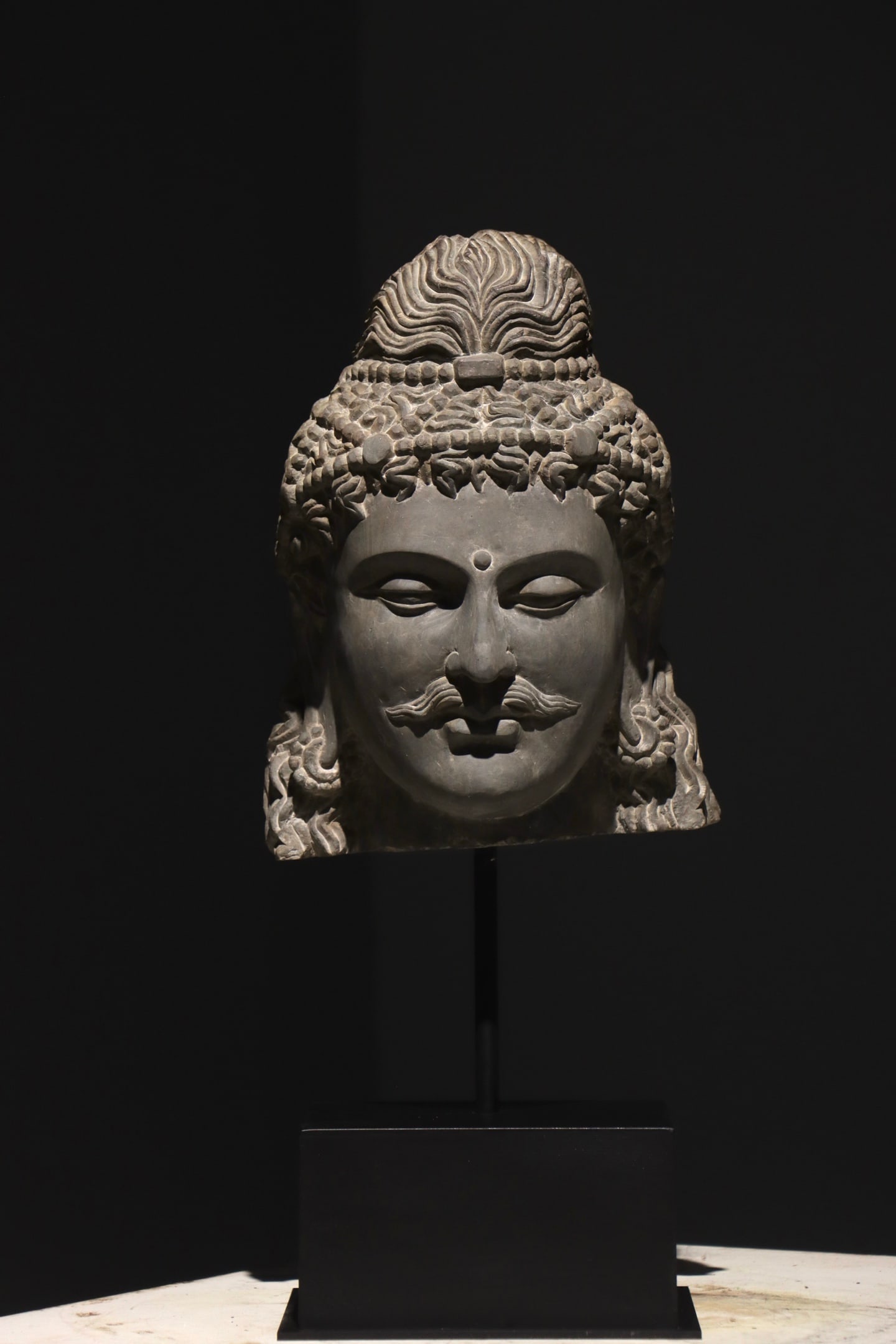 Bearded Maitreya Bodhisattva Head, Gandhara Art, Grey-Schist Stone, Circa 3rd-5th Century A.D.: Overall Height:53cm Height (without base):31cm