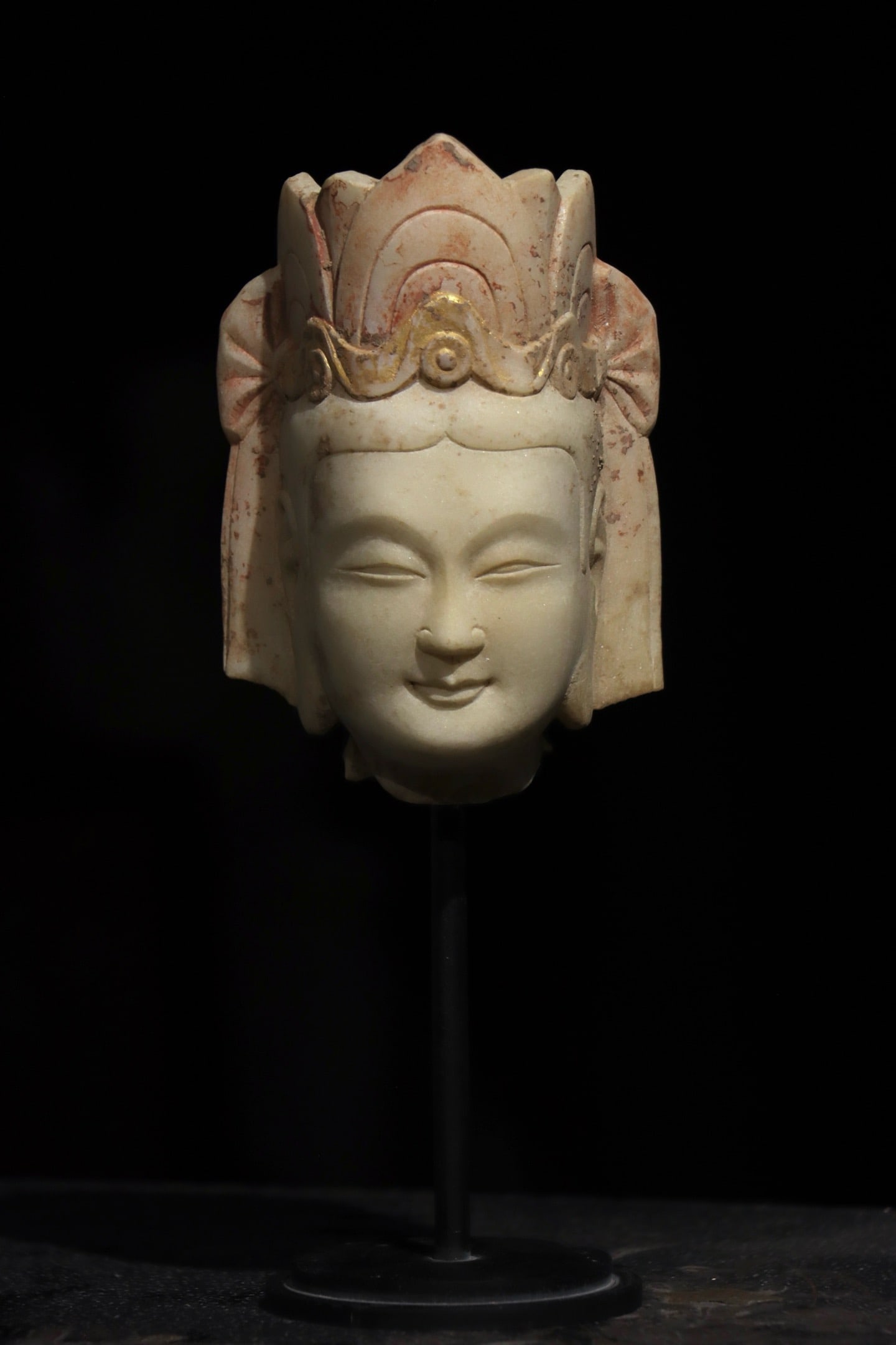 Northern Qi Painted White Marble Bodhisattva Head: Height (without base):15cm