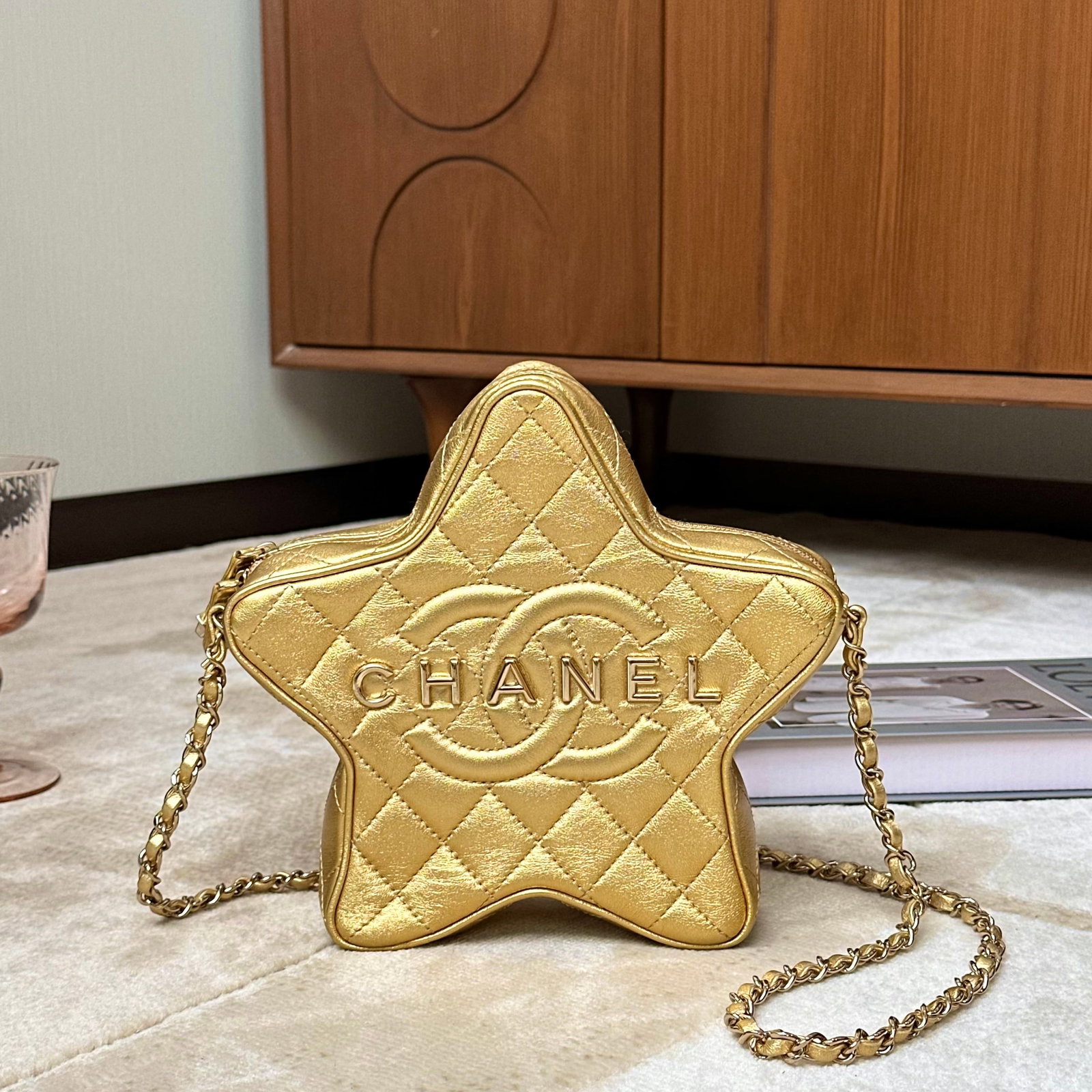 Chanel Star-Shaped Crossbody Bag, Metallic-Gold Crinkled Lambskin, Light-Gold-Tone Hardware: 23*19*6