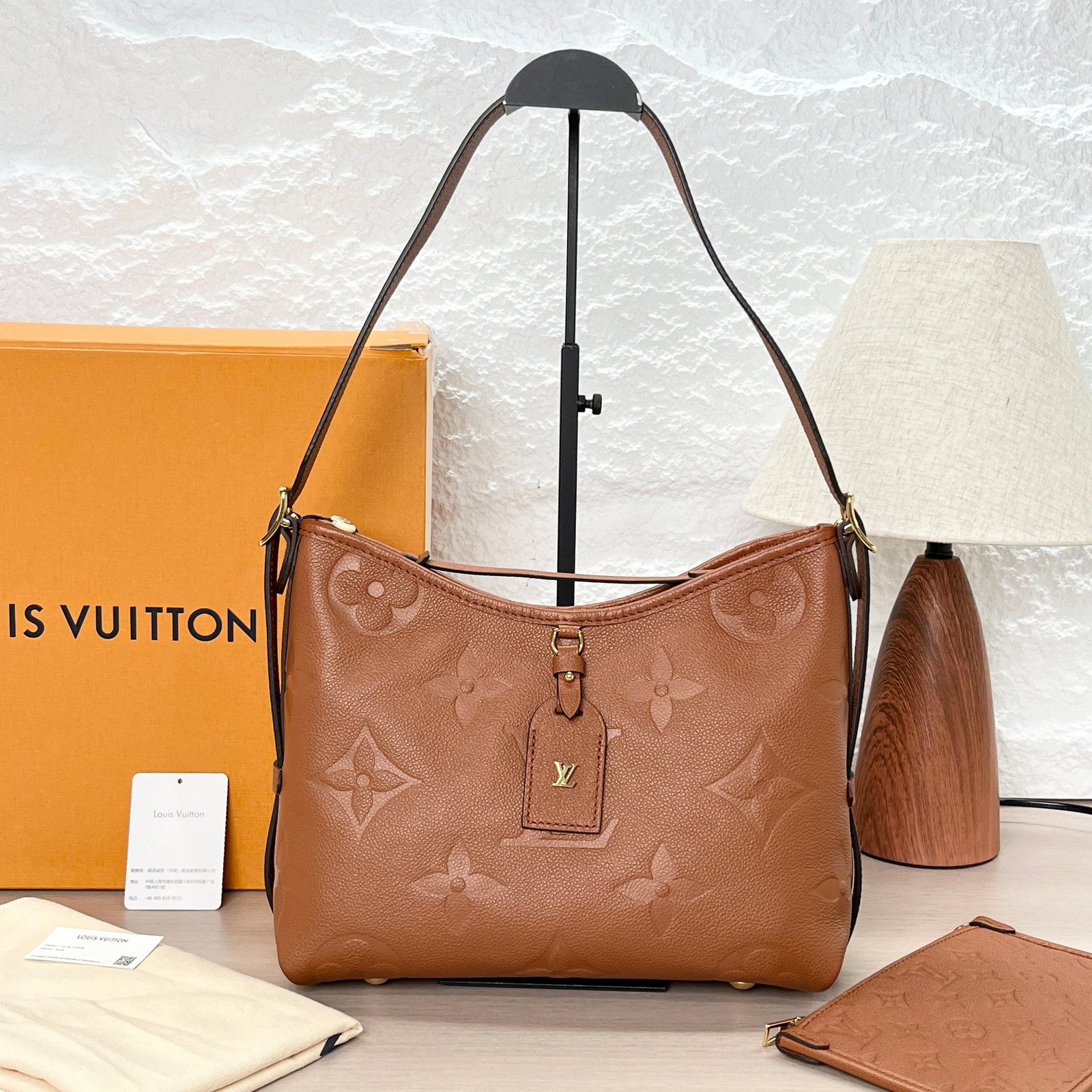 Louis-Vuitton Carryall PM, Caramel Monogram-Empreinte Leather, Light-Gold-Tone Hardware,: 28*23*12