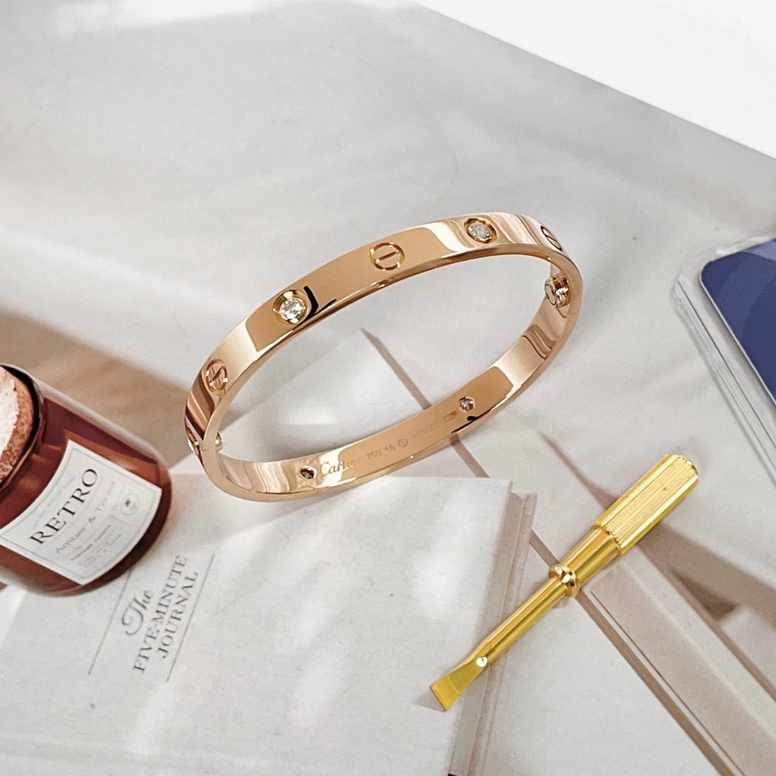 Cartier Love Bangle, 18K Rose Gold, Set with Four Diamonds: Size 16 (wrist circumference)