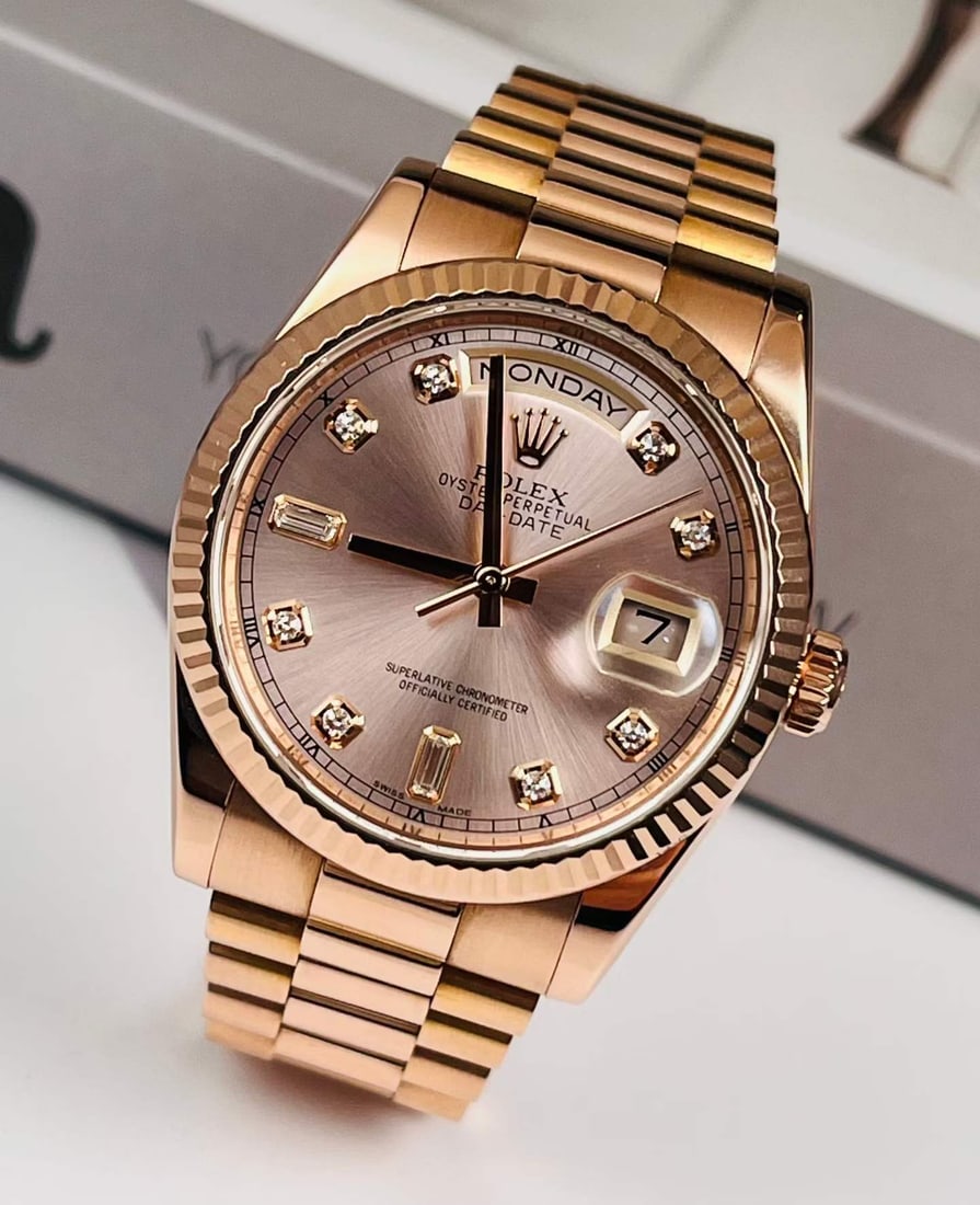 Rolex Day-Date Ref.118235,18-ct rose-gold, factory diamond-set pink dial: D:36mm
