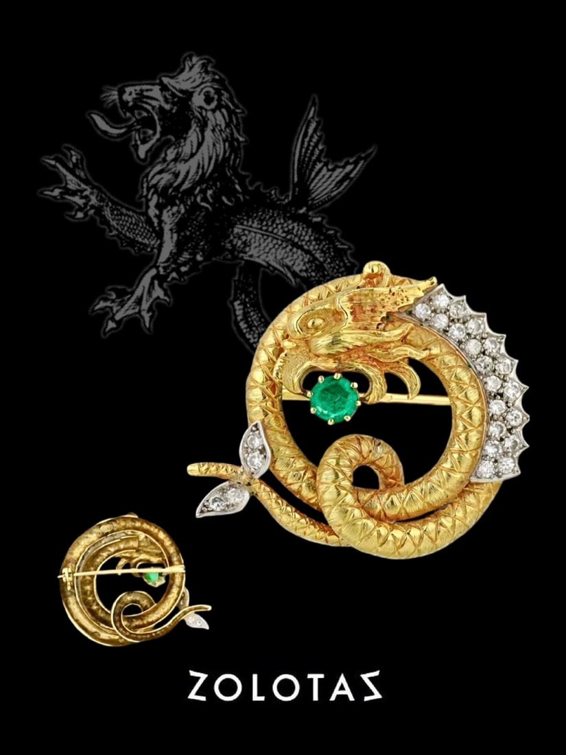 20th Century Greek Zolotas 18K Gold & Platinum Emerald Diamond Repouss?? Brooch with Neptune and (1 of 6)