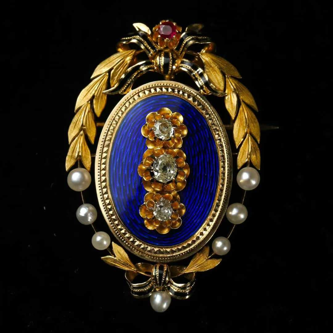 Napoleon III Period (1852-1870) French Aristocrat Custom 18K Gold Diamond and Enamel Brooch-Pendant: L:5.0cm W:3.3cm Wt:15.5g Handcrafted entirely in 18K gold. Three-dimensional 20K gold laurel leaves surround seven wild pearls. Three old-cut diamonds are set upon cobalt-blue guilloch?? enamel. The u