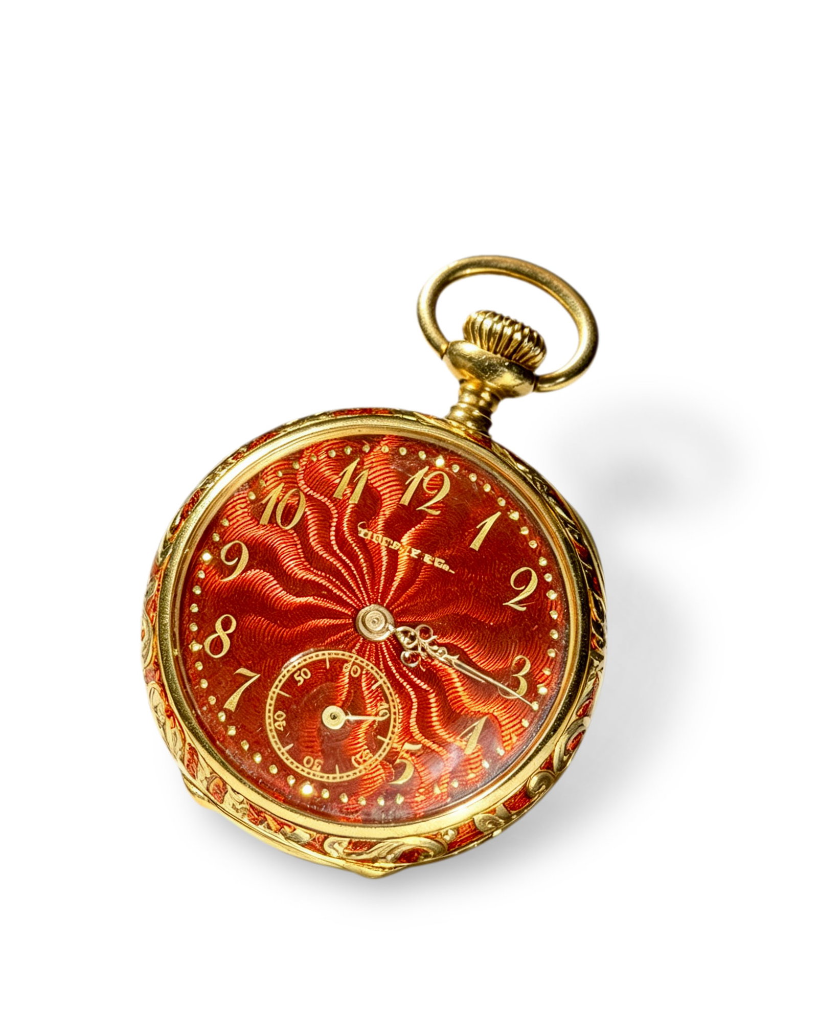 Tiffany & Co. Antique 18K Gold Hunting-Case Pocket Watch with Red Guilloch?? Enamel: D:35mm Tiffany & Co. antique hunting-case pocket watch in 18K gold with red guilloch?? enamel. A highly rare collectible antique pocket watch, originally worn as a personal accessory by noble ladies, 