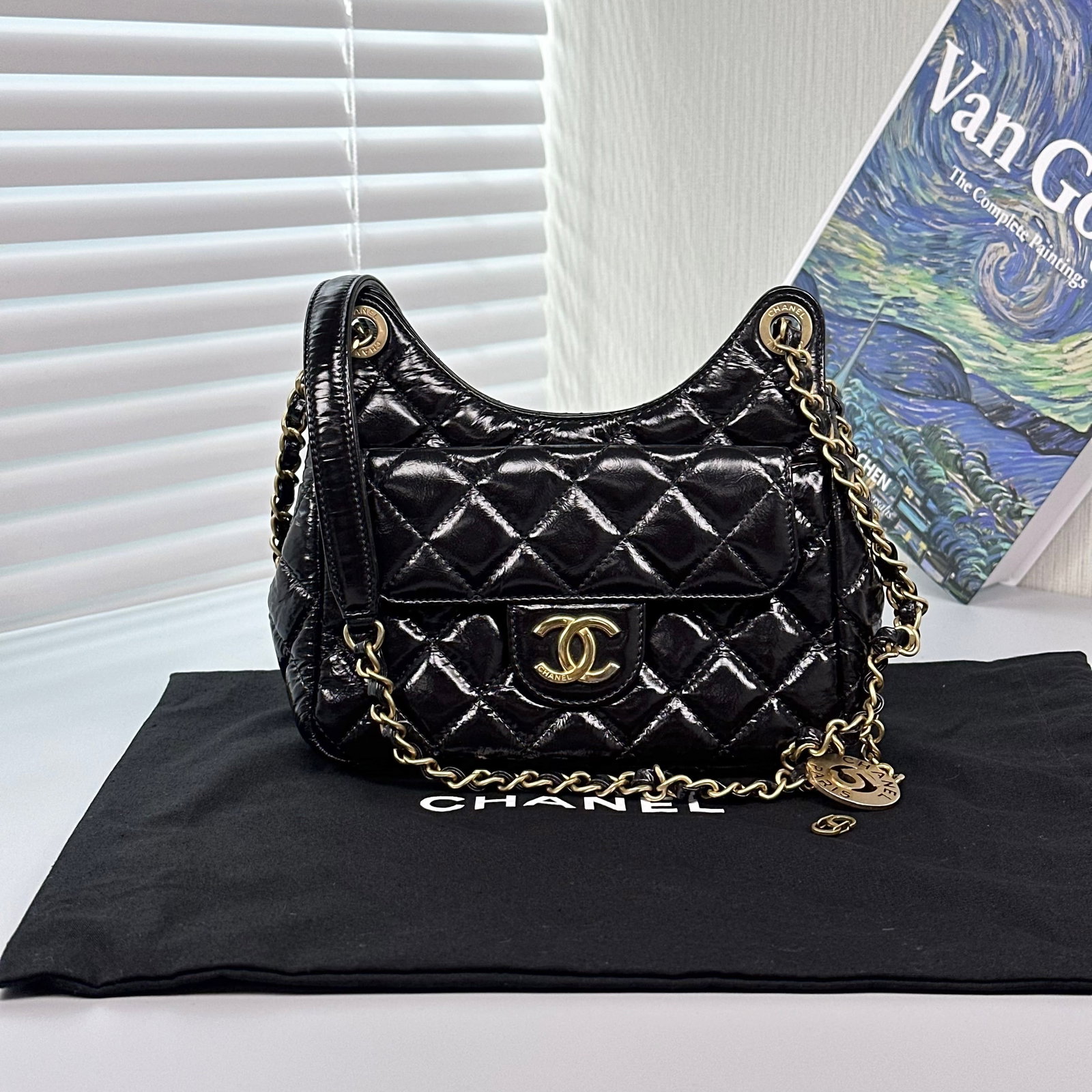 Chanel Small-Size Hobo Crescent Shoulder Bag, Black Shiny Waxed Calfskin, Light-Gold-Tone Hardware: 18*16.5*5.5