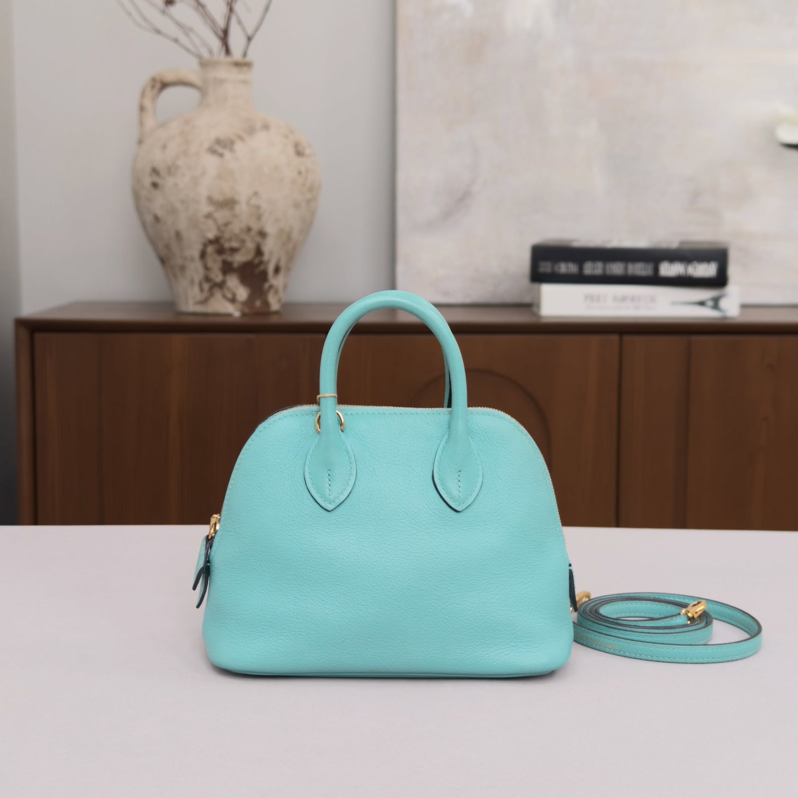 Herm??s Bolide Mini Bowling Bag, Macaron-Blue Chevre Leather, Gold-Tone Hardware, Hand-Carry &: 18*13.5*7.5