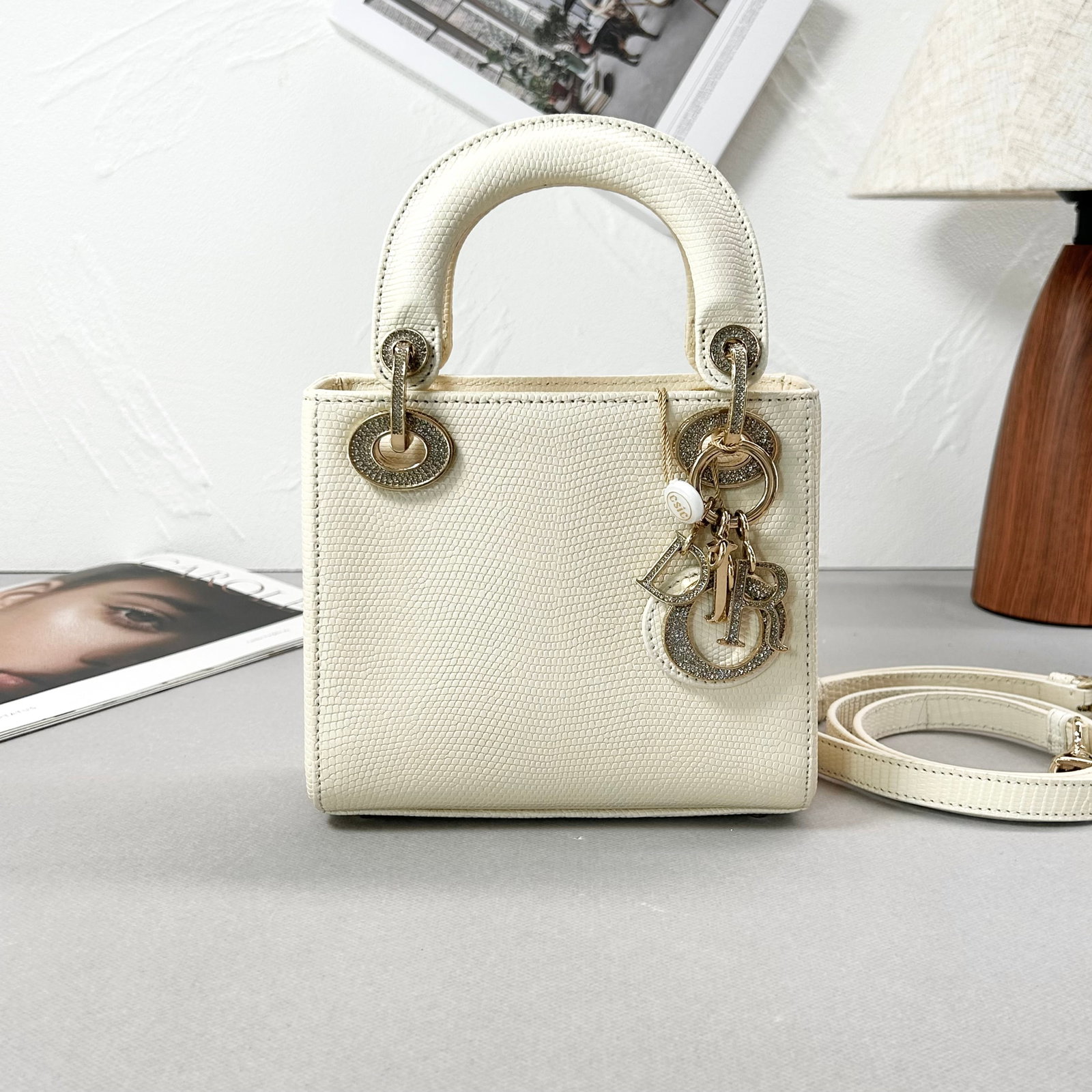 Dior Lady Dior Medium-3-Pocket Handbag, Beige Lizard Skin, Crystal-Set Hardware, Hand-Carry &: 17*14*7