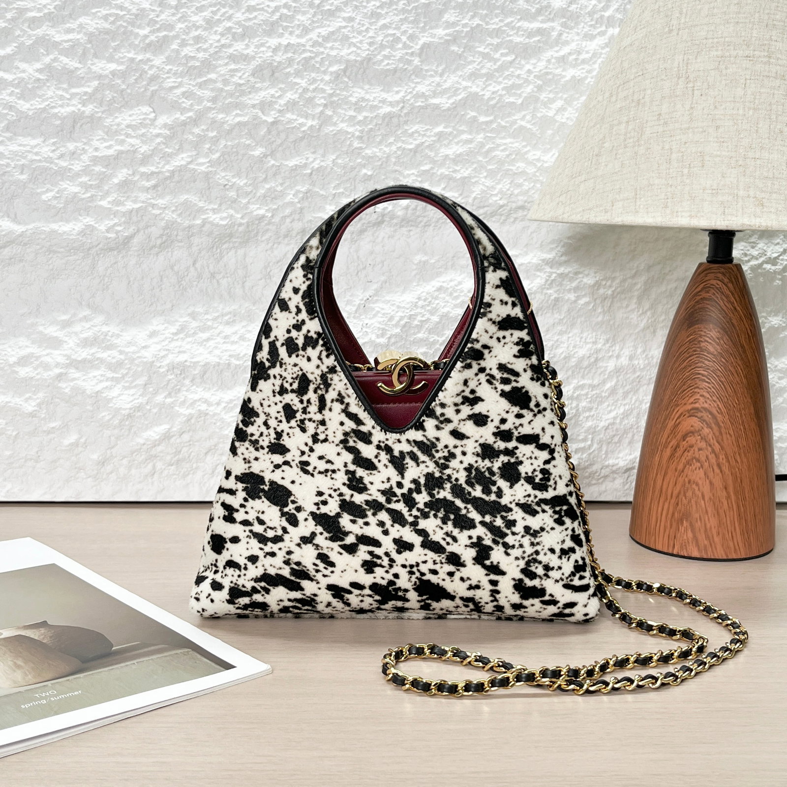 Chanel 26A Seasonal Ring-Handle Hobo Basket Handbag, Black-White Leopard-Print Pony-Hair,: 22*15*7