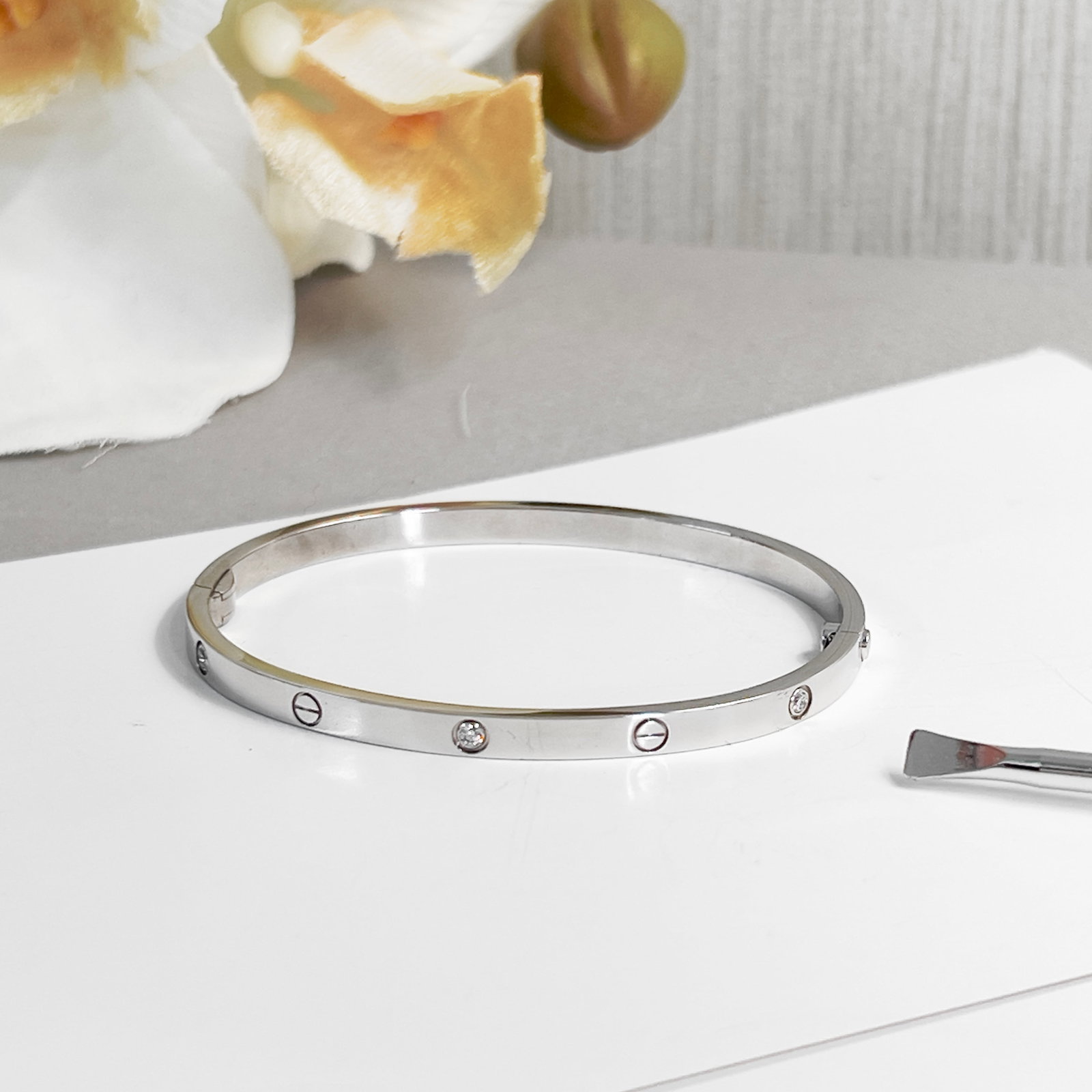 Cartier Love-Series Narrow Bangle, 18-Carat White-Gold, Six-Diamonds: Size 16 (wrist circumference)