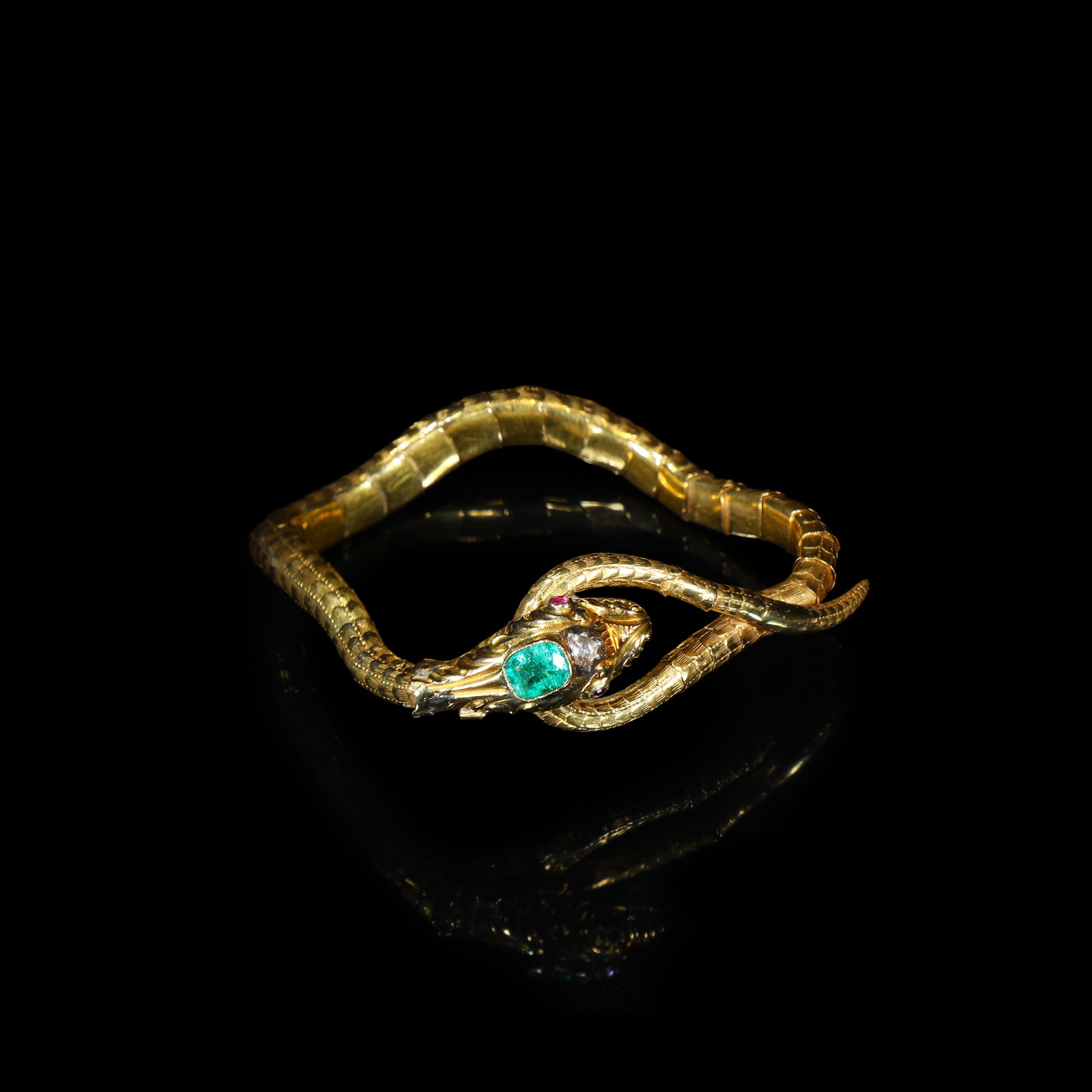 Victorian Gold Articulated Serpent-Form Bangle set with Central Emerald, Ruby Eyes and Accent (1 of 5)