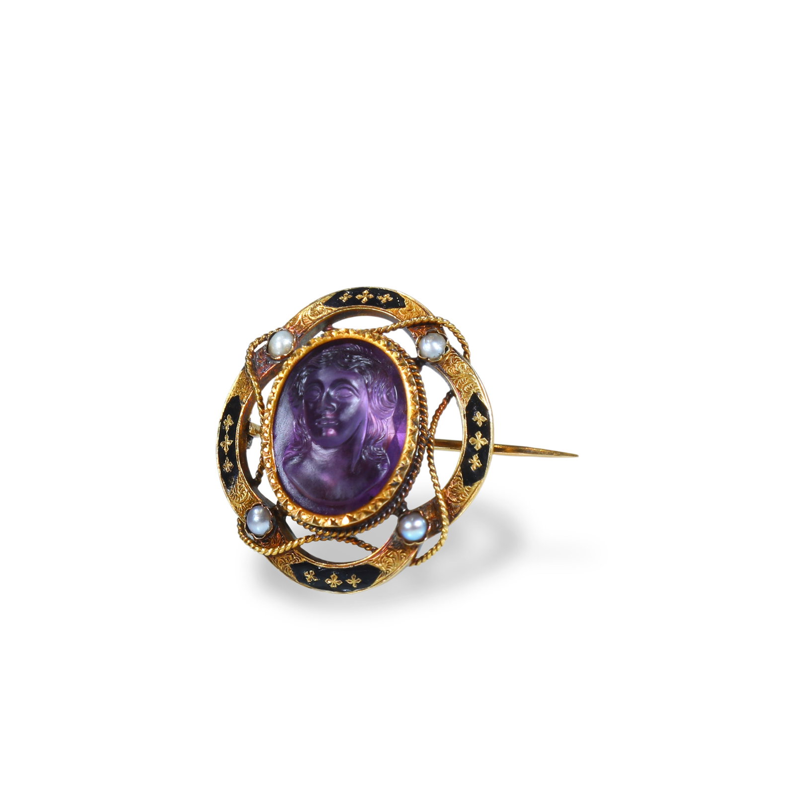 Victorian Etruscan-Revival Gold Brooch with Amethyst Cameo, Enamel and Pearls: 3.2*2.93cm Wt:8.1g Victorian gold brooch in the Etruscan-Revival taste, centred upon a carved amethyst high-relief cameo depicting a female bust with finely rendered facial features and hair.The circu
