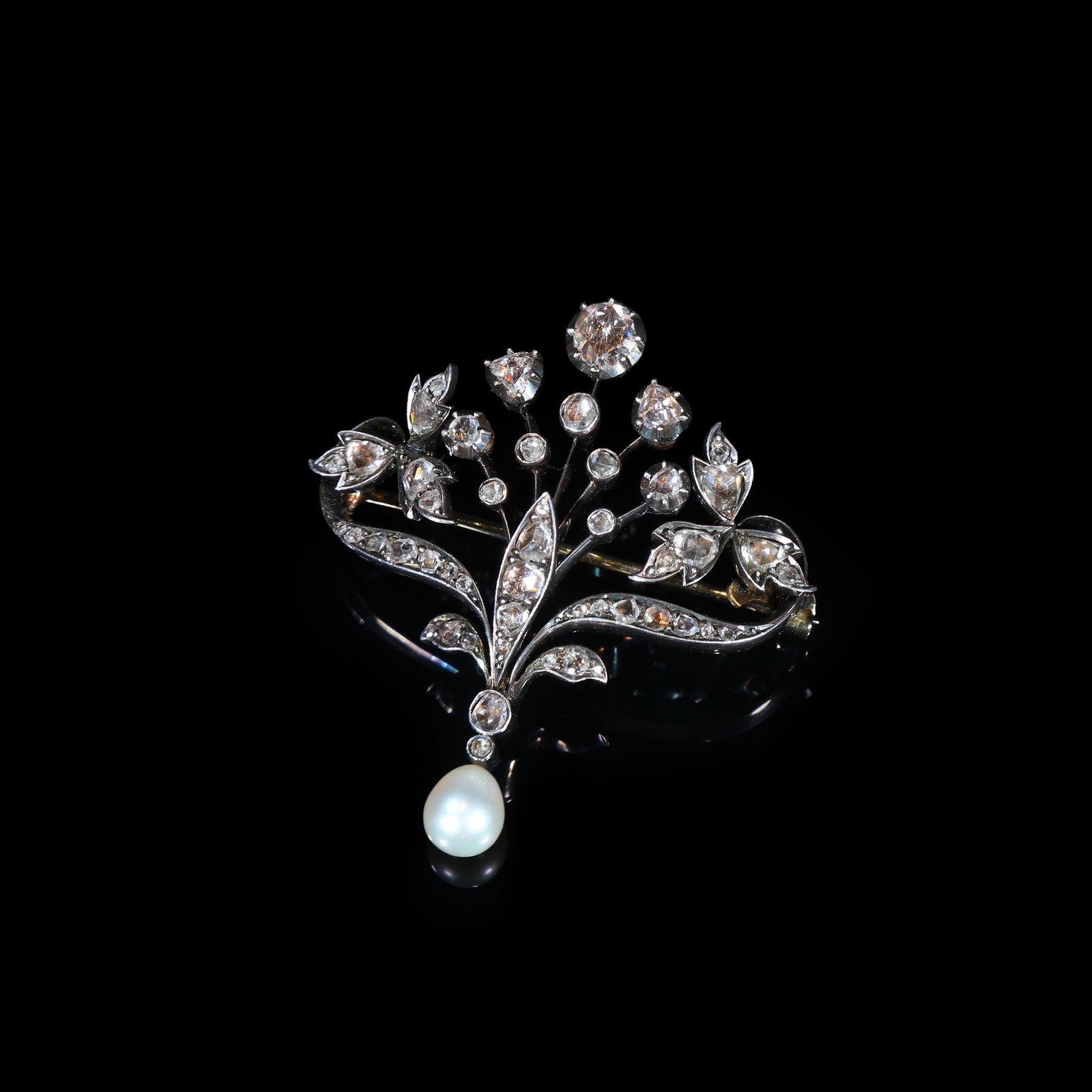 Early-Victorian Silver-upon-Gold Diamond Spray Brooch with Suspended Natural Pearl, Circa 1840-1860 (1 of 4)