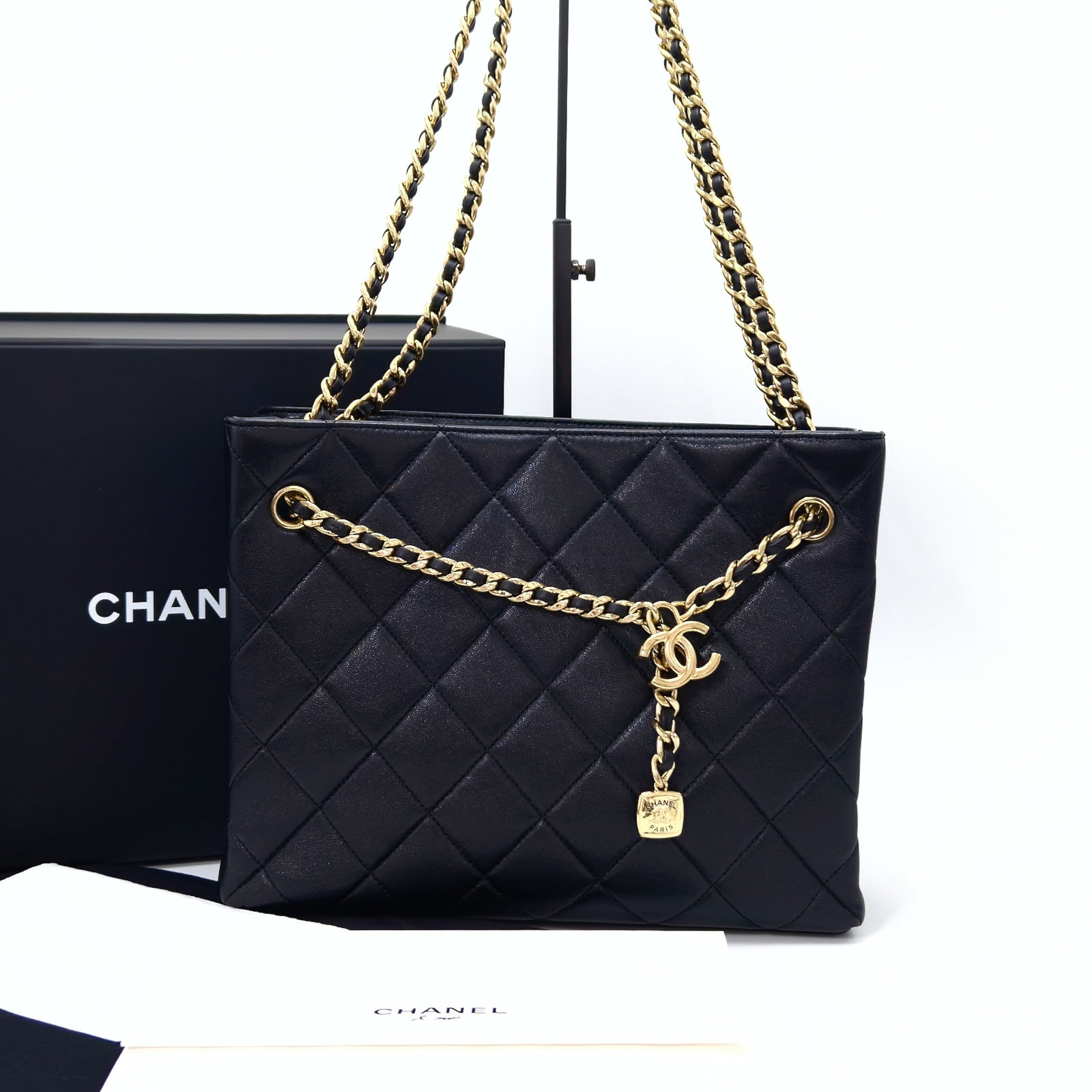 Chanel 25B Quilted-Tote Handbag, Black Shimmer Lambskin, Light-Gold-Tone Hardware With CC-Charm (1 of 6)