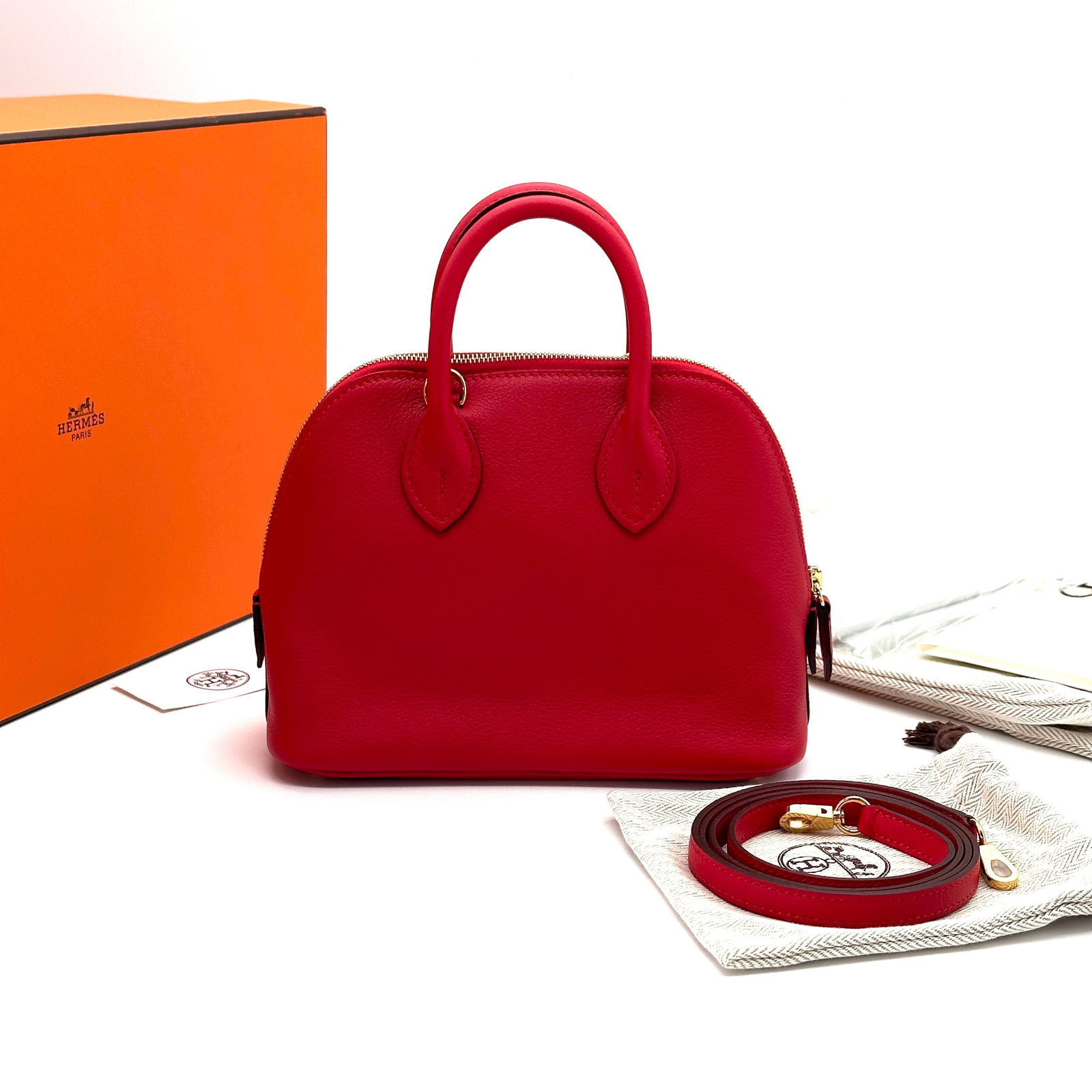 Herm??s Bolide Mini 1923 Handbag, Rouge de Coeur Chevre Mysore Leather, Gold-Tone Hardware, With: 18*13.5*7.5