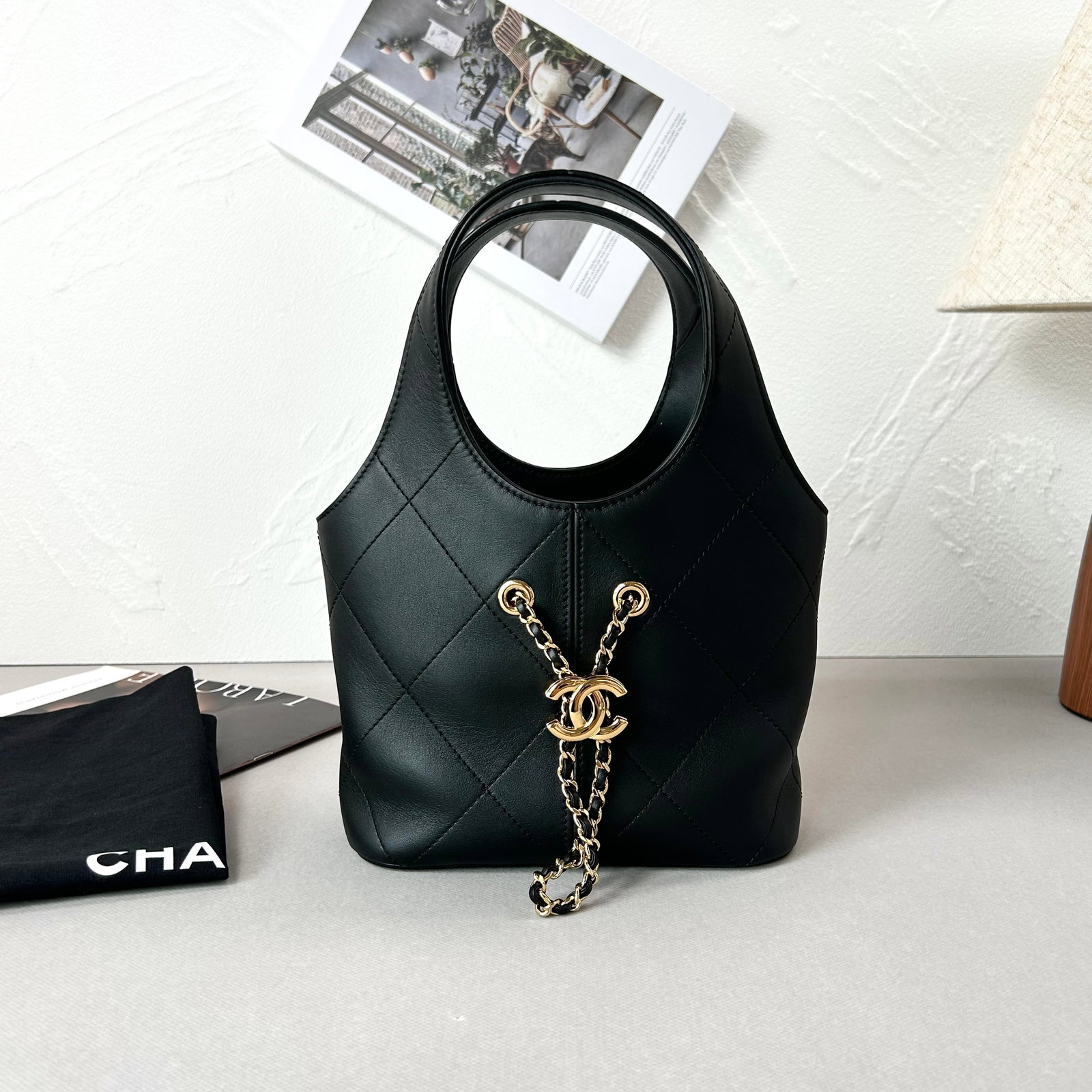 Chanel 26P Seasonal Ring-Handle Hobo Basket Handbag, Black Smooth Lambskin, Light-Gold-Tone (1 of 6)