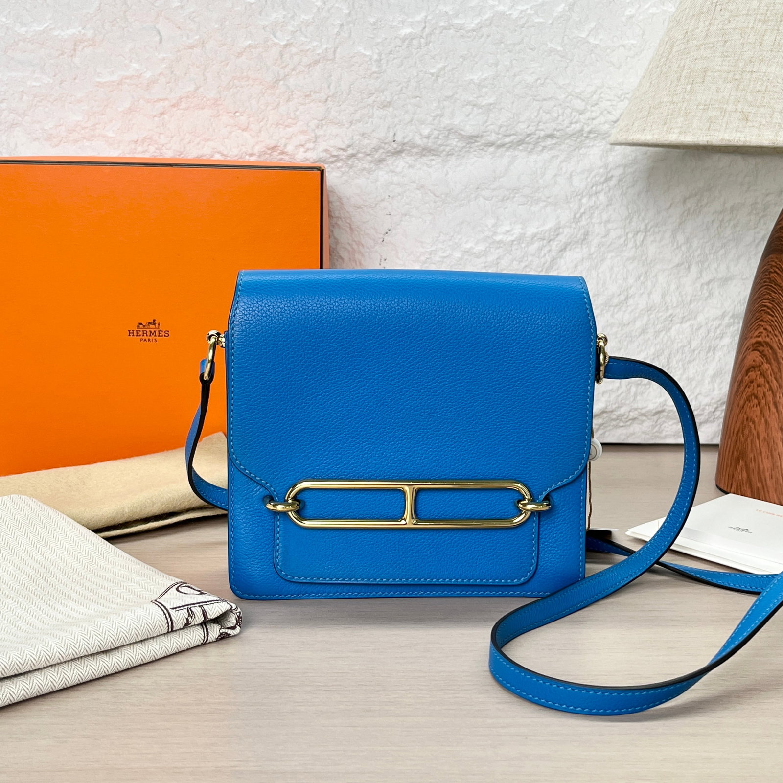 Herm??s Roulis 19 Cross-Body Bag, Blue Electric Evercolor Leather, Gold-Tone Hardware, Full Set with: 18*16*5