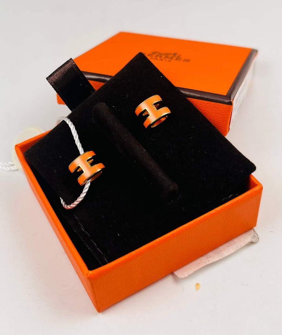 Herm??s Pop-H Earrings, Ref.608002F, Orange Enamel Gilt-Metal Earrings: standard-size
