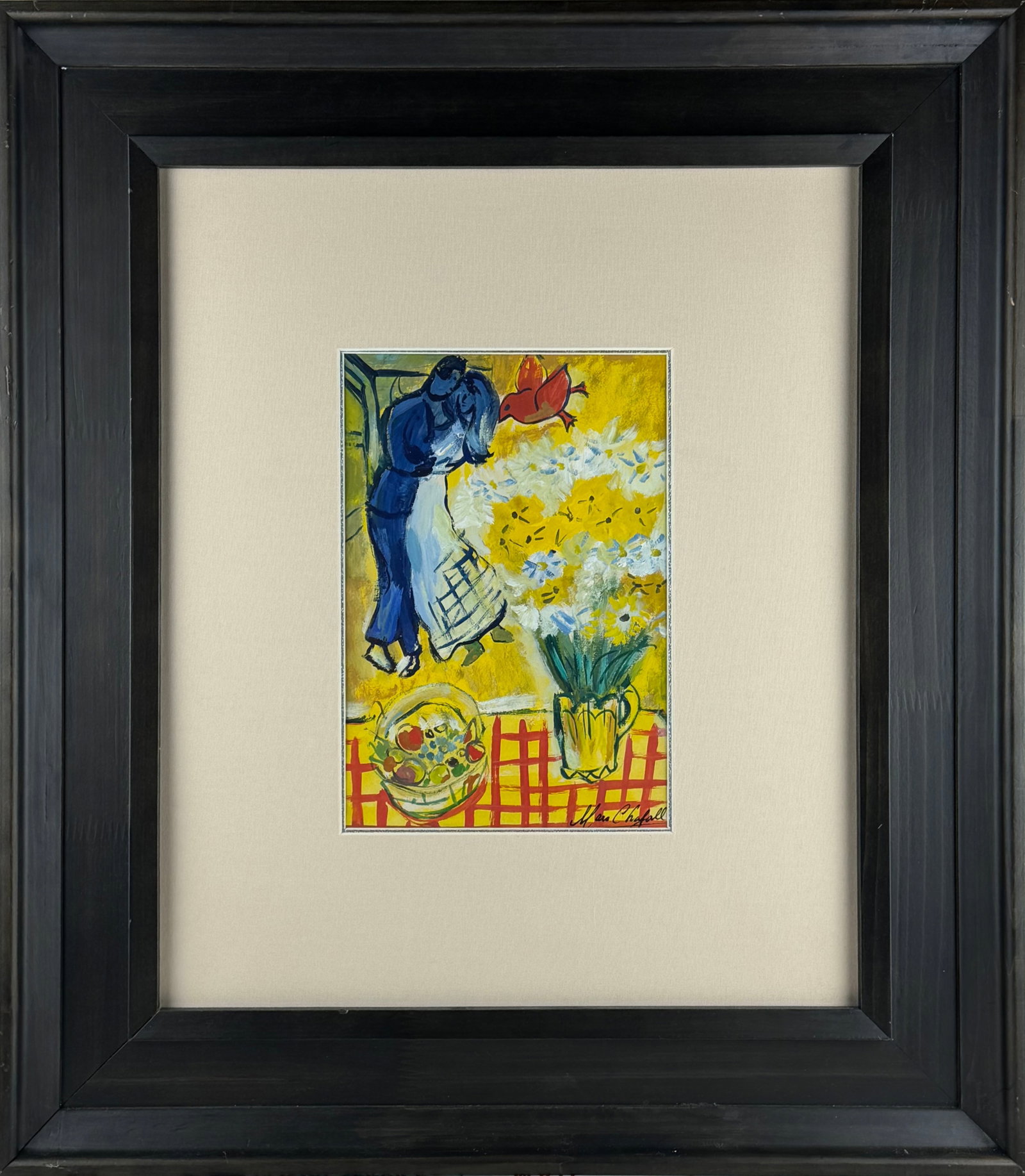 Marc Chagall, "L'oiseau rouge au-dessus des amoureux (Lovers with Red Bird)": 27*18.2 cm Medium: Mixed media on paperDate of creation: 1966Signature: Marc Chagall (lower right)Context: Chagall broke conventional perspective and proportional rules, depicting lovers suspended in