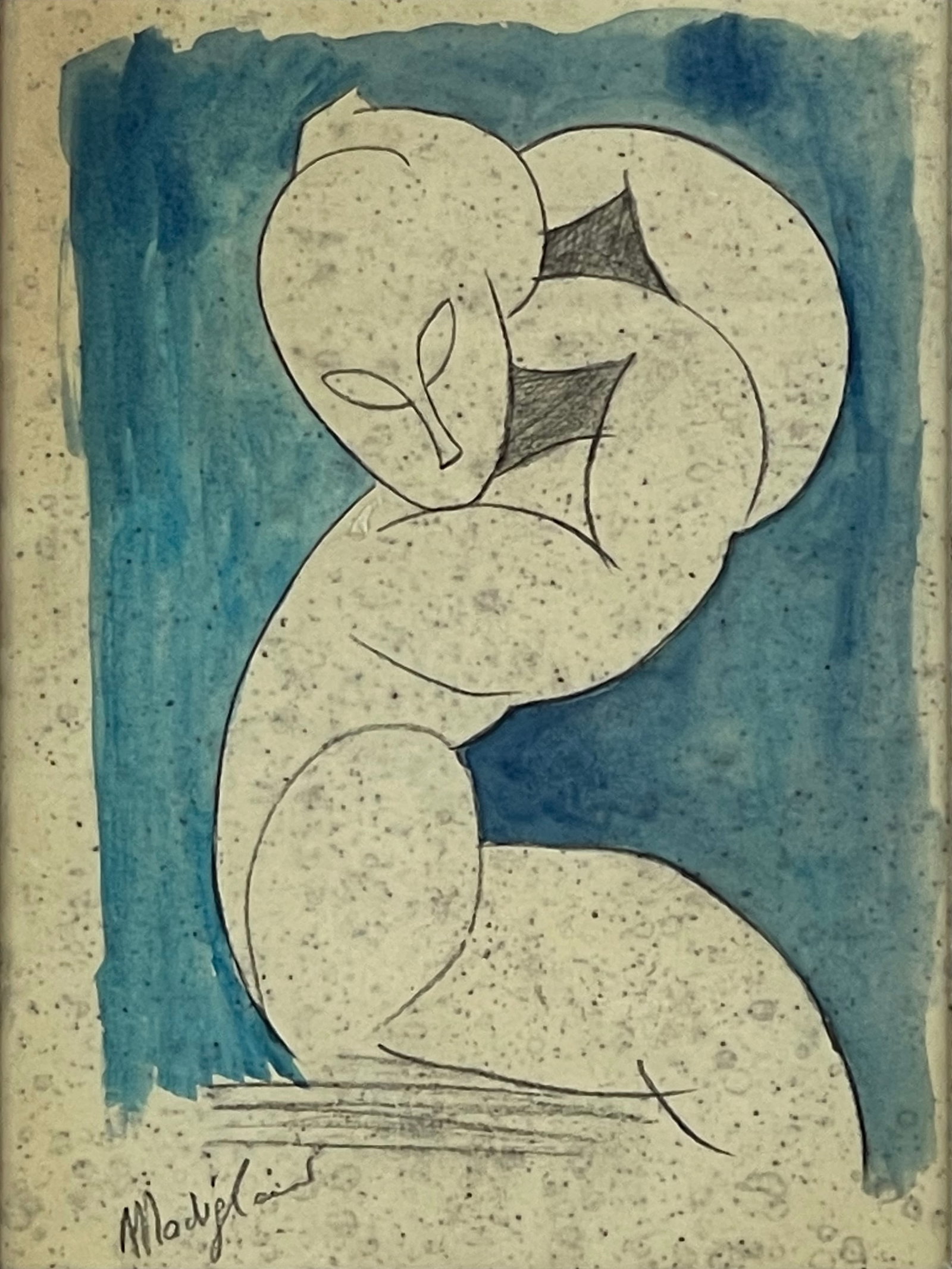 Amedeo Modigliani, "Caryatid (Blue Caryatid / Kneeling Figure)": 24.5*18.2 cm Medium: Mixed media on paperDate of creation: circa 1913-1915Signature: Modigliani (lower left)This sketch of the Caryatid originates from Modigliani's sculptural explorations. He once dr