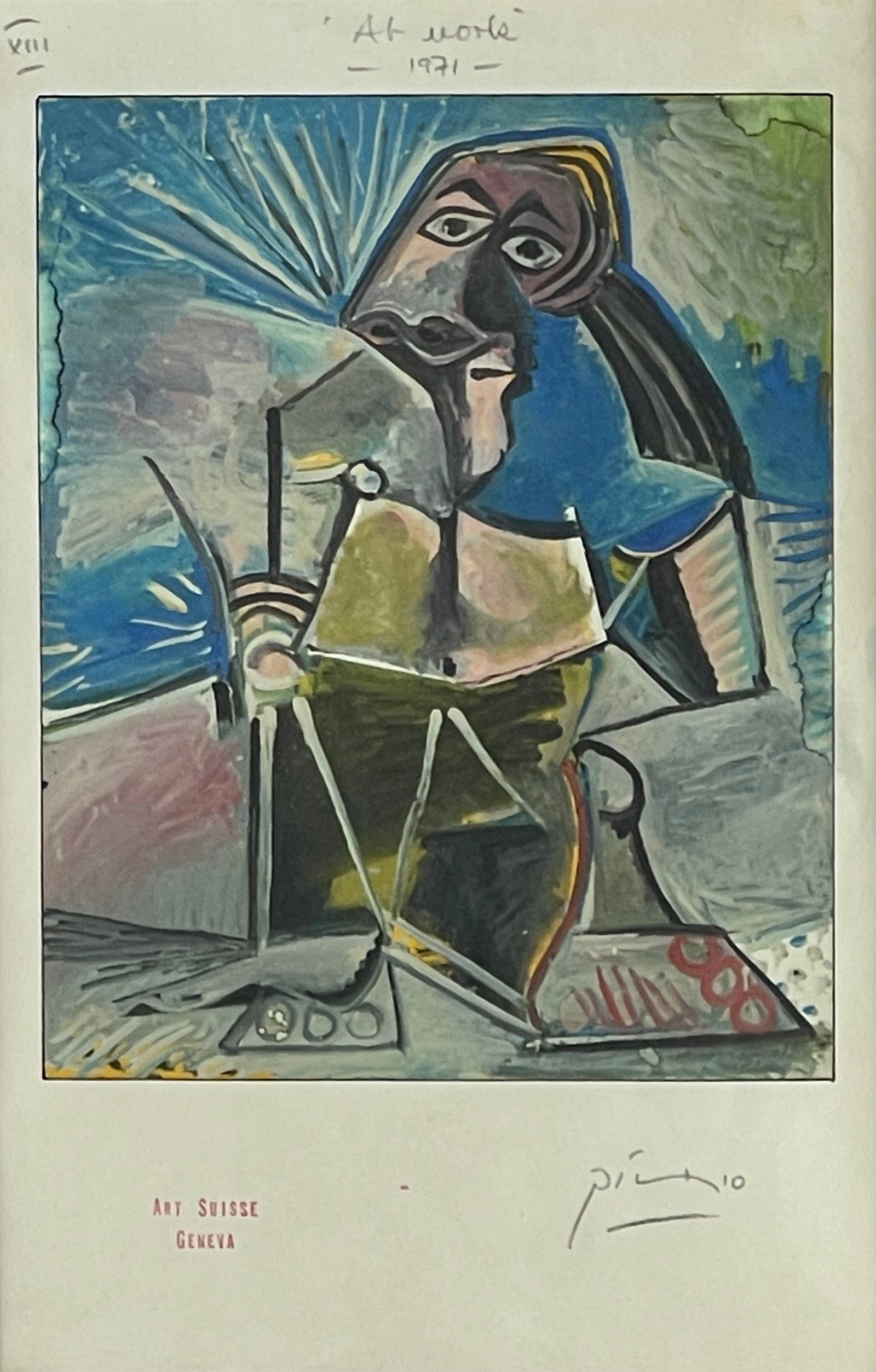 Pablo Picasso, "At Work", Lithograph: 24.5*18.2 cm Date of creation: 1971Medium: LithographSignature: Picasso (lower right)Context: The figure depicted is Picasso's self-projection. He portrays himself as a working painter holding a brush