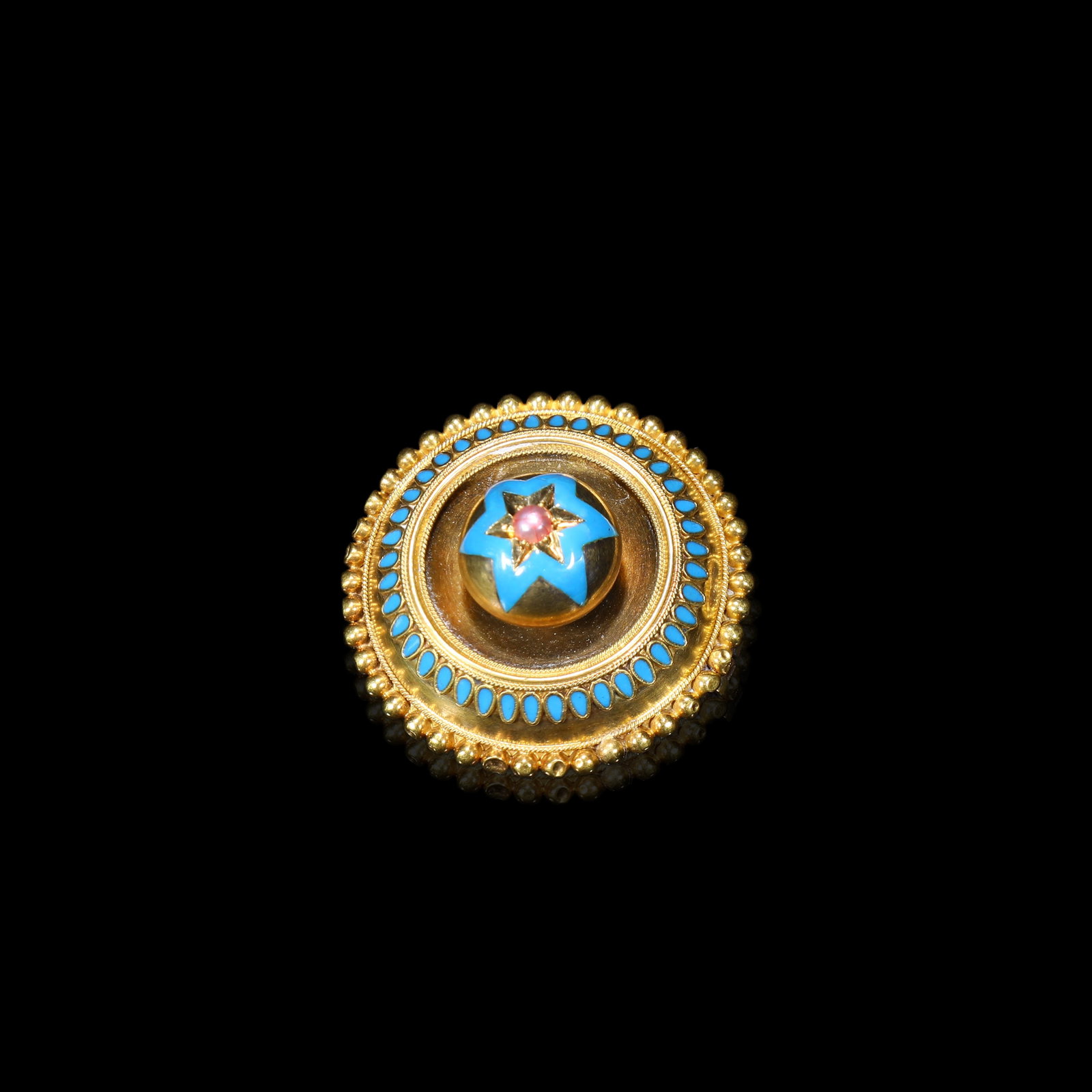 Victorian Period 18K Gold Blue-Enamel Natural-Pearl Starburst Brooch: D:3.3cm Wt:10.75g