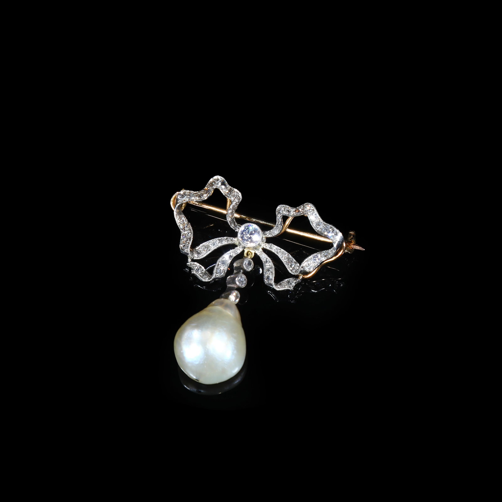 Edwardian Gold-Over-Silver Bow Brooch, Diamonds with Natural Wild Baroque Pearl, Circa 1901-1914 (1 of 5)