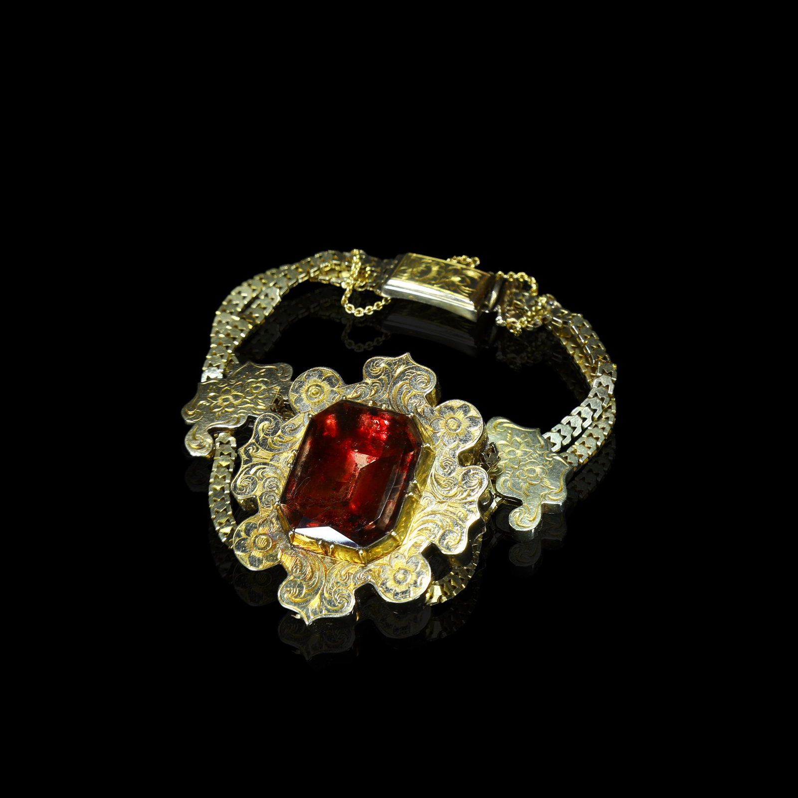 Late Georgian / Early Victorian British 14K Gold Crystal Bracelet: Inner Length:16cm Maximum Width:3.78cm Wt:18.78Main Stone Dimensions:1.4cm*1.9cm
