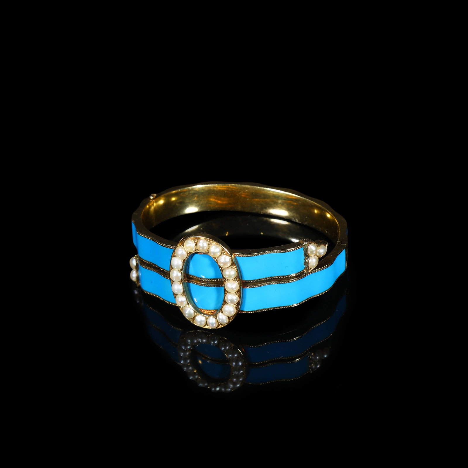 Georgian Gold Blue-Enamel Natural-Pearl Buckle Bangle, Circa 1800-1830 (1 of 6)