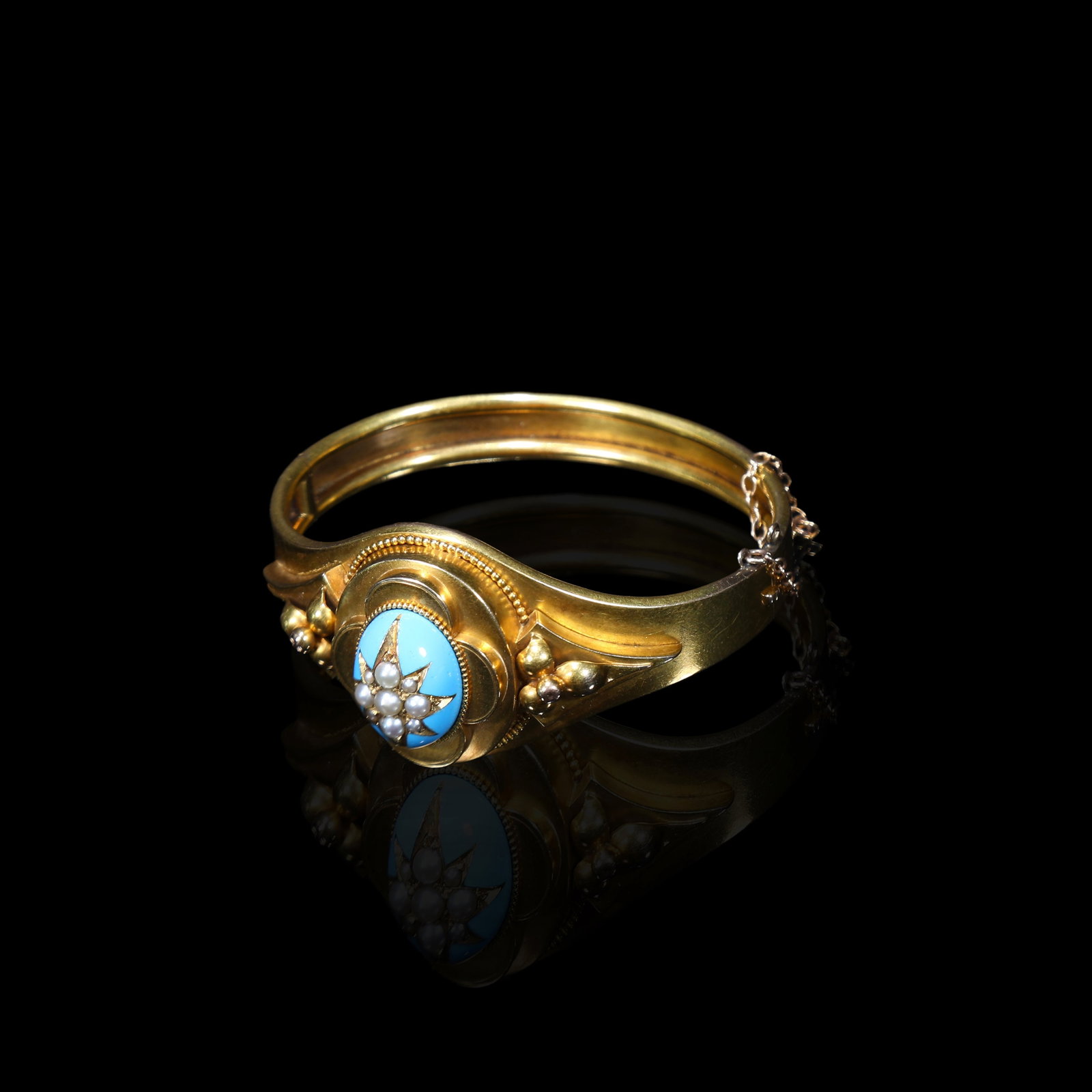 British Victorian 14K Gold Blue Enamel Natural Pearl Starburst Bangle: Inner Length:16cm Maximum Width:2.9cm Wt:23g