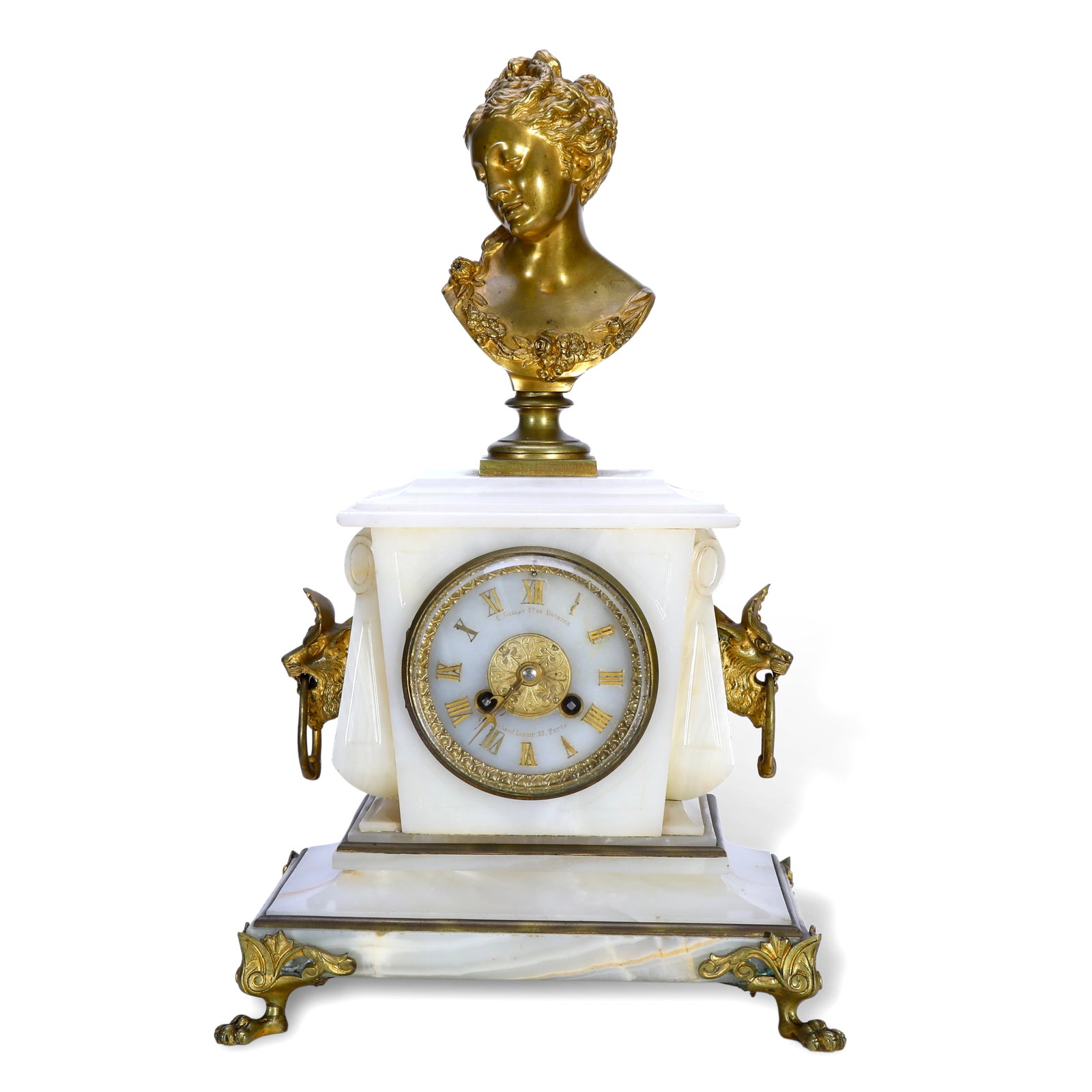 French Neoclassical Marble and Gilded Bronze Mantel Clock with Maiden Figure: 28*16*46cm French Neoclassical marble and ormolu figural mantel clock. Modelled as a Greek goddess such as Flora, embodying the Neoclassical revival of classical aesthetics. The figure's curly hair an