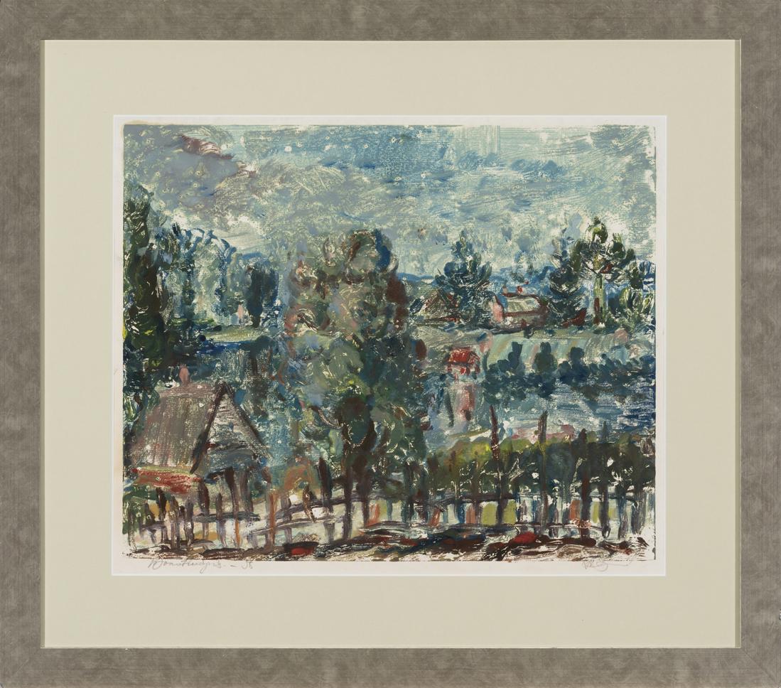 Gustav Raud (Estonian) monotype: Autor (Artist): Raud, Gustav (1902 – 1968), Töö nimi (Name): Aedlinn, Aasta (Dated): 1956, Tehnika: graafika, monotüüpia, paber, Mõõdud (size): plm 32,3 x 39,5 cm ; raamiga (incl. frame): 51,1