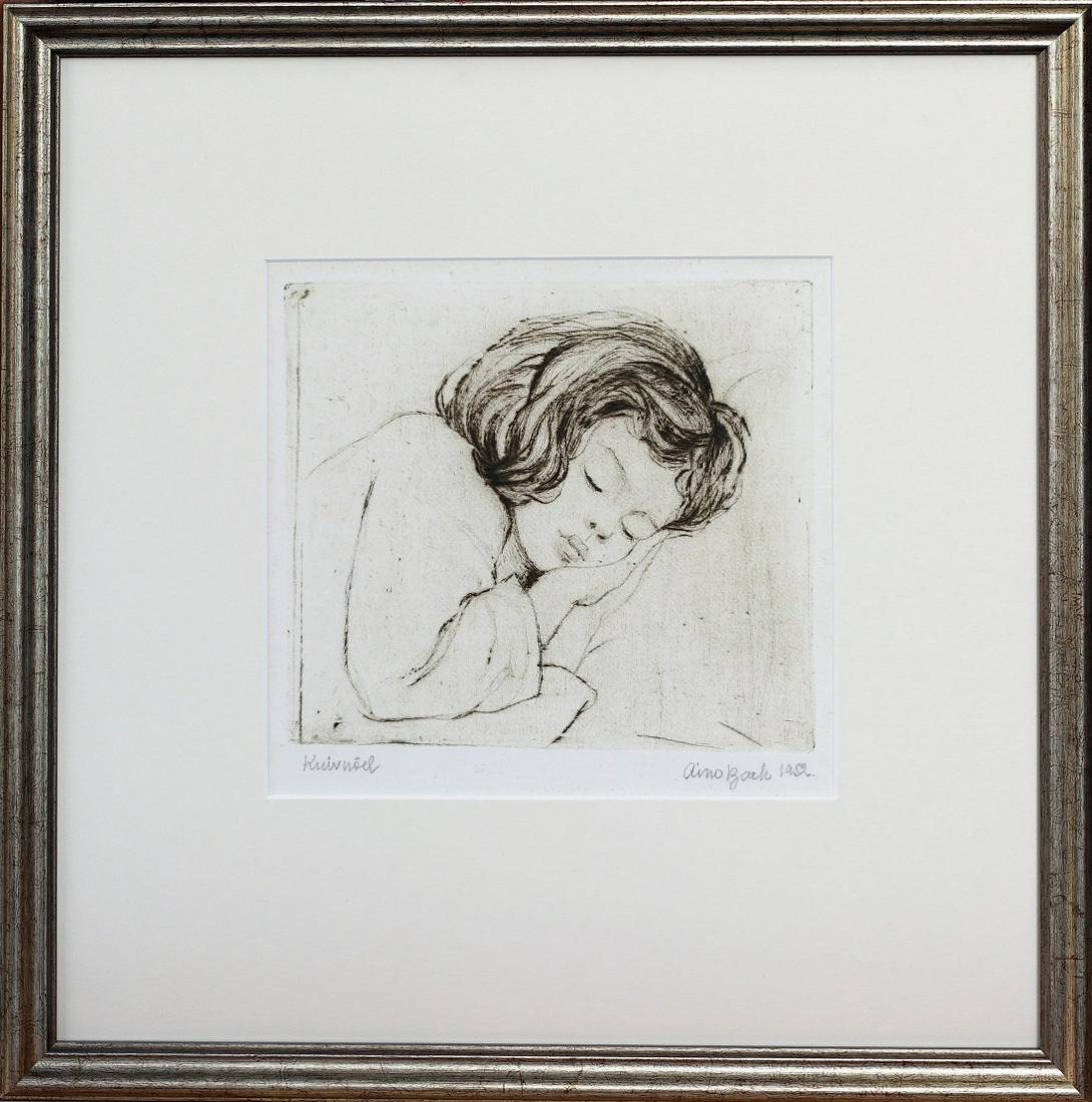 Aino Bach (Estonian) drypoint sleeping child: Autor (Artist): Bach, Aino (1901 - 1980), Töö nimi (Name): Magav laps, Aasta (Dated): 1955, Tehnika (Medium): graafika, kuivnõel, paber, Mõõdud (size): plm 16,2 x 18,4 cm ; raamiga (incl. frame):