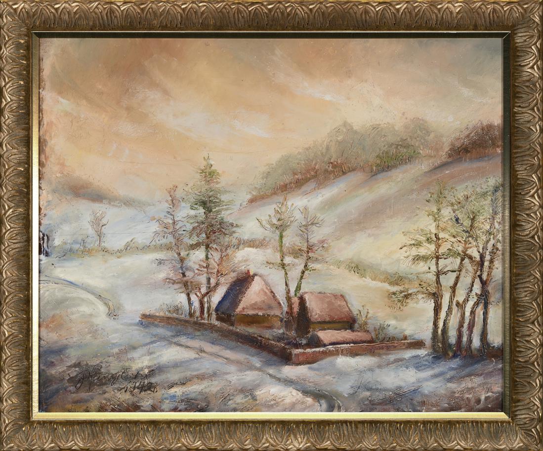 Juhan Kangilaski (Estonian) Winterscape oil painting: Autor (Artist): Kangilaski, Juhan (1904 - 1981), Töö nimi (Name): Talvemaastik majadega, Aasta (Dated): 1942, Tehnika (Medium): maal, õli, vineer, Mõõdud (size): 53,5 x 66 cm ; raamiga (incl. fra