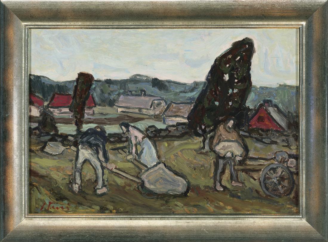 Olga Terri (Estonian) oil painting: Autor (Artist):Terri, Olga (1916 - 2011), Töö nimi: Kivivedajad põllul, Aasta (Dated): 1950-ndate algupool/keskpaik, Tehnika: maal, õli, vineer, Mõõdud (size): 38,8 x 56,2 cm ; raamiga 49,5 x 66