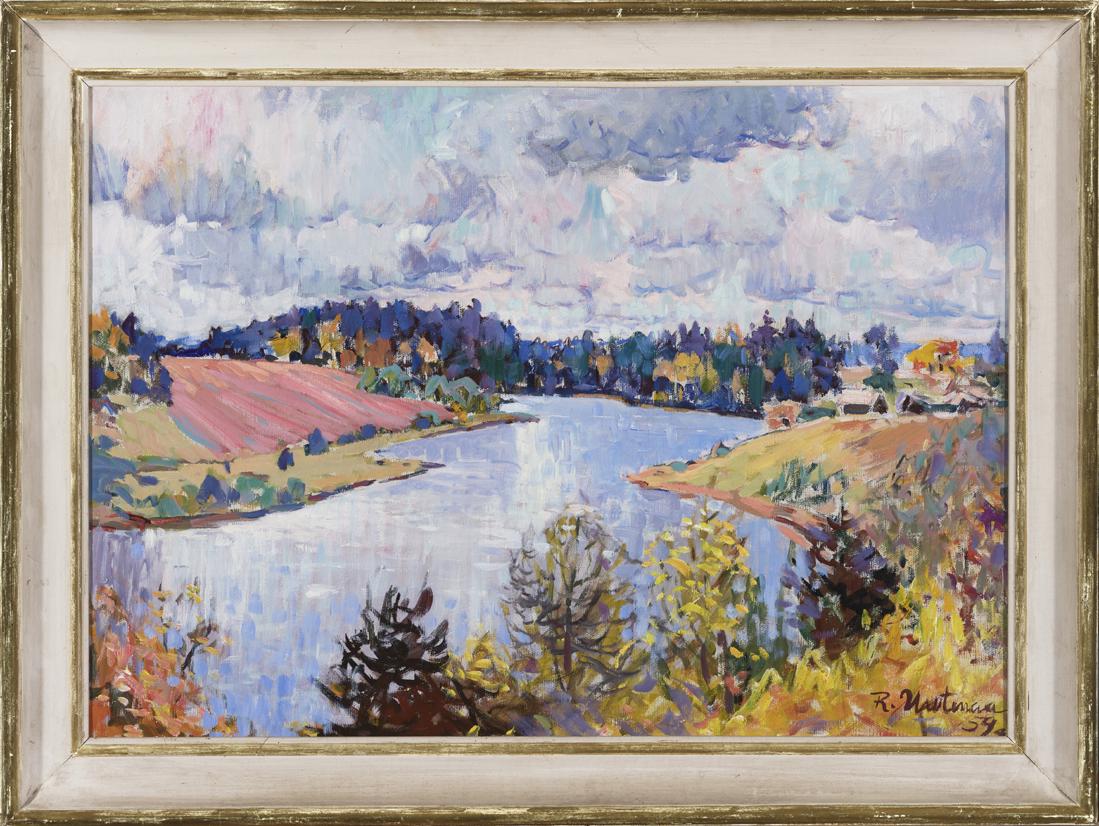Richard Uutmaa (Estonian) Autumn landscape oil painting: Autor (Artist): Uutmaa, Richard (1905 - 1977), Töö nimi (Name): Pirita jõgi sügisel, Aasta (Dated): 1959, Tehnika: maal, õli, lõuend, Mõõdud (size): 50 x 70 cm ; raamiga (incl. frame): 60,5 x 