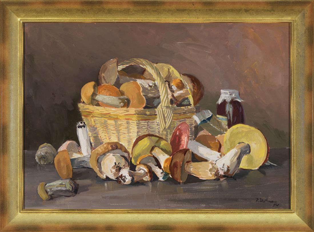 Richard Uutmaa (Estonian) Oil painting with mushrooms: Autor (Artist): Uutmaa, Richard (1905 - 1977), Töö nimi (Name): Natüürmort seentega, Aasta (Dated): 1954, Tehnika (Medium): maal, õi, papp, Mõõdud (size): 49,5 x 70 cm ; raamiga (incl. frame): 