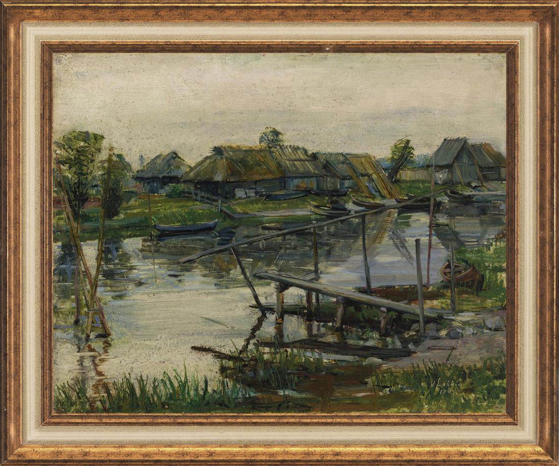 Viktor Leškin (Estonian / Russia) River oil painting: Autor (Artist): Leškin, Viktor (1914 - 1996), Töö nimi (Name): Nasva jõel, Aasta (Dated): 1943, Tehnika (Medium): maal, õli, vineer, Mõõdud (size): 51,7 x 64,8 cm ; raamiga (incl. frame): 65,2 