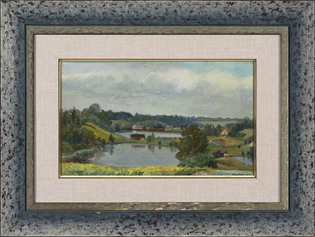 Nigul Espe (Estonian) Lake oil painting: Autor (Artist):Espe, Nigul (1907 – 1970), Töö nimi (Name): Rõuge järved, Aasta (Dated): 1953, Tehnika (Medium): maal, õli, papp, Mõõdud (size): 25,3 x 41,5 ; raamiga (incl. frame): 49 x 65,2 