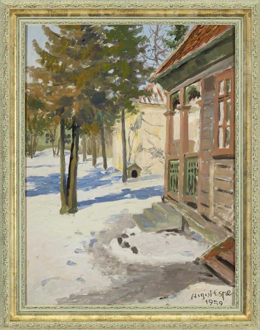 Nigul Espe (Estonian) oil painting: Autor (Artist): Espe, Nigul (1907 - 1970), Töö nimi (Name): Maja terrassiga, Aasta (Dated): 1959, Tehnika (Medium): maal, õli, papp, Mõõdud (size): 46,8 x 35,3 cm ; raamiga (incl. fra