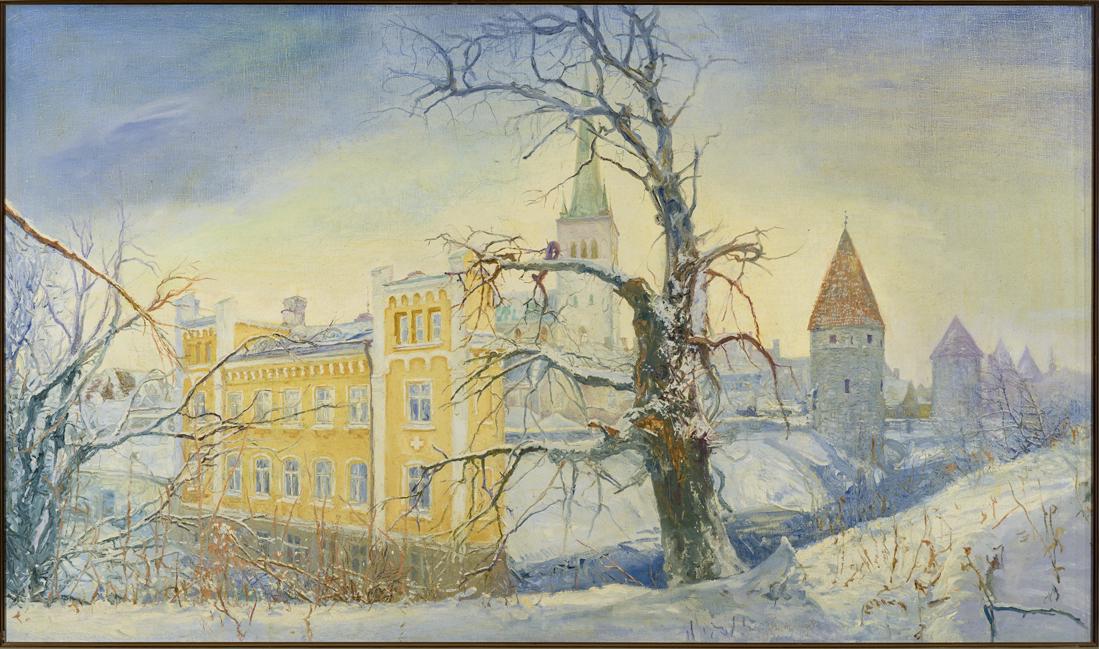 Miljard Kilk (Estonian) Winter oil painting: Autor (Artist): Kilk, Miljard (1957), Töö nimi (Name): Talvine Tallinn, Aasta (Dated): 2003, Tehnika (Medium): maal, õli, lõuend, Mõõdud (size): 87 x 148 cm ; raamiga (incl. frame): 96 x 157 cm,