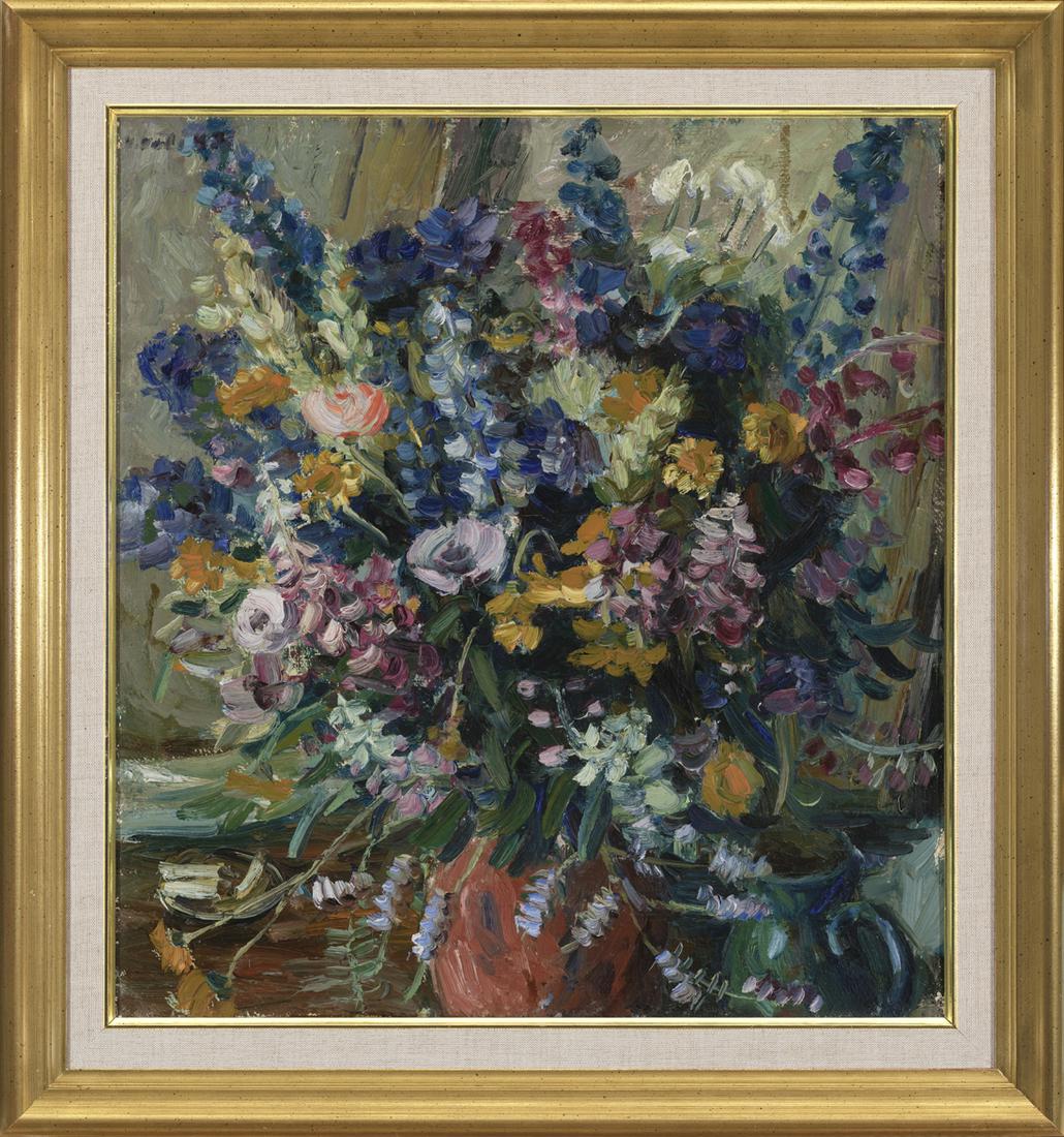 Valdemar Väli (Estonian) Oil painting of flowers: Autor (Artist): Väli, Valdemar (1909 - 2007), Töö nimi (Name): Rikkalik bukett, Aasta (Dated): 1943, Tehnika: maal, õli, lõuend, Mõõdud (size): 49,7 x 46 cm ; raamiga (incl. frame): 61 x 57 cm,