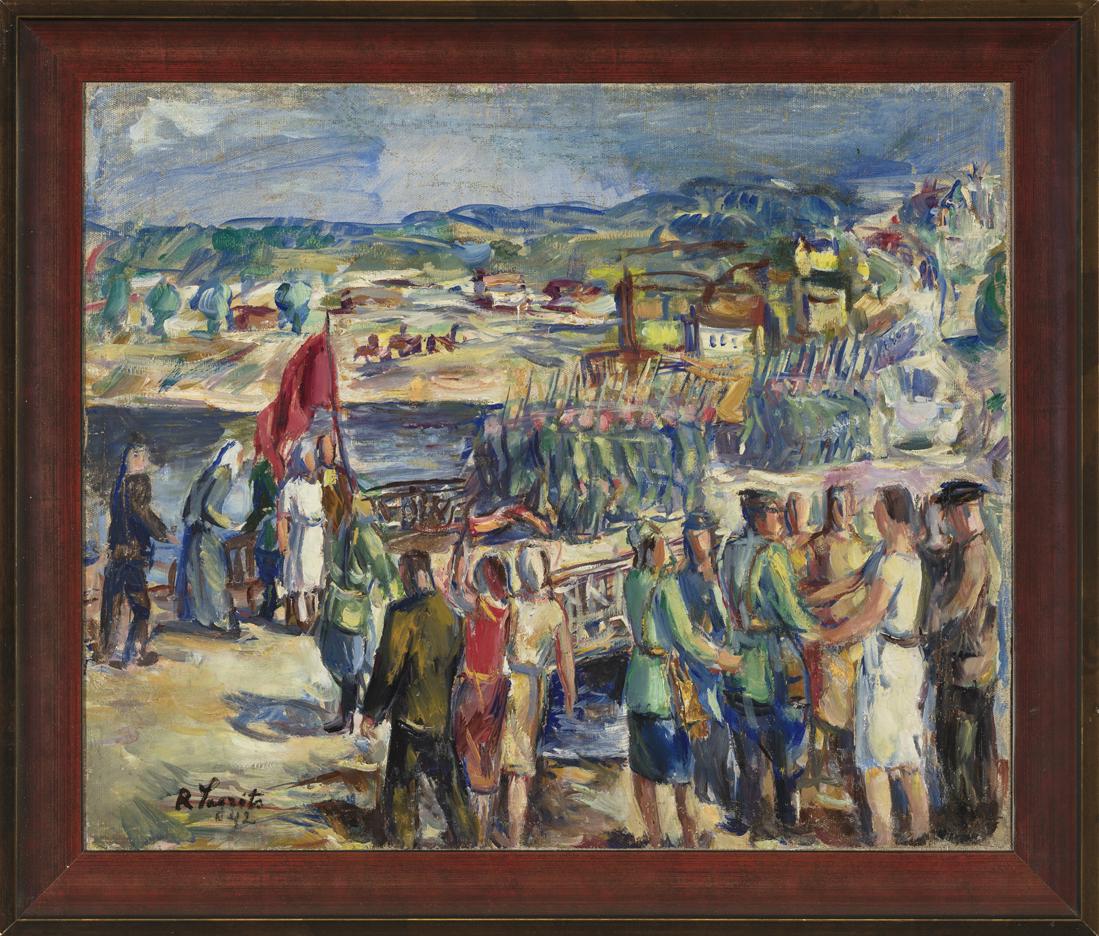 Richard Sagrits (Estonian) Oil painting: Autor (Artist): Sagrits, Richard (1910 - 1968), Töö nimi (Name): Sõdurite rindelesaatmine, Aasta (Dated): 1942, Tehnika (Medium): maal, õli, lõuend, Mõõdud (size): 45,7 x 54,5 cm ; raamiga (inc