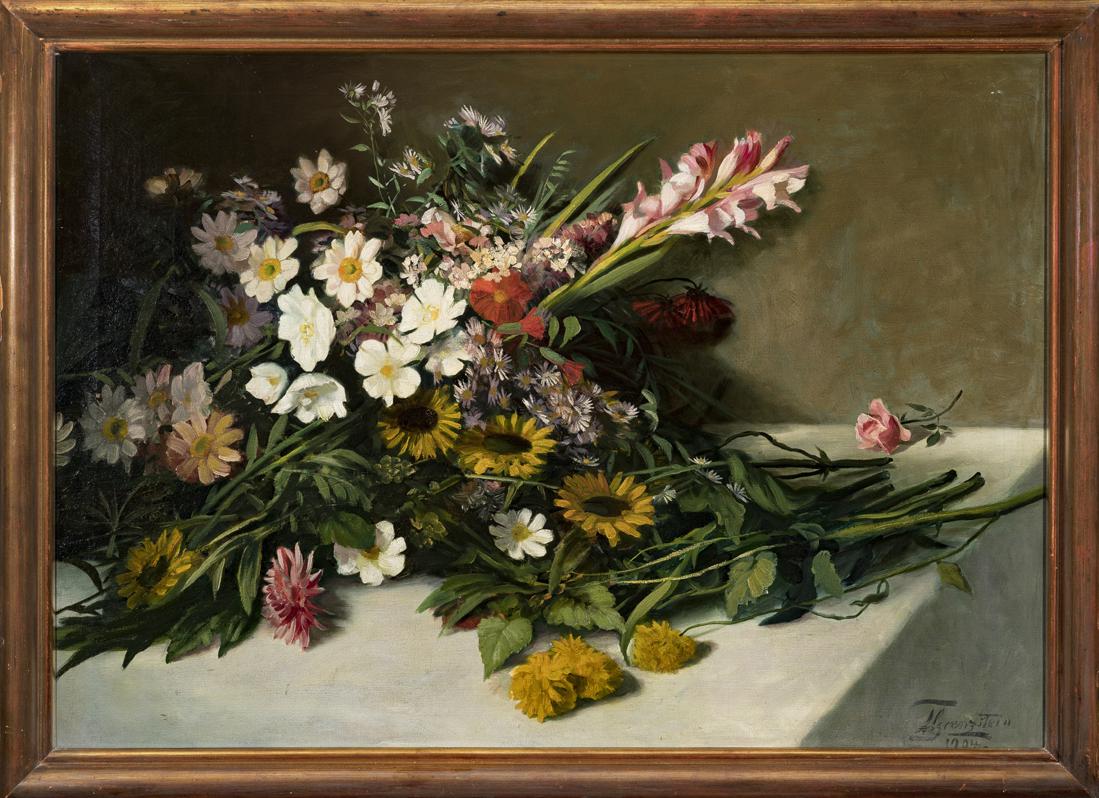 Tõnis Grenzstein (Estonian) Oil painting with flowers: Autor (Artist): Grenzstein, Tõnis (1863 – 1916), Töö nimi (Name): Lilled laual, Aasta (Dated): 1904, Tehnika (Medium): maal, õli, lõuend, Mõõdud (size): 64,5 x 90,2 cm ; raamiga (incl. frame)