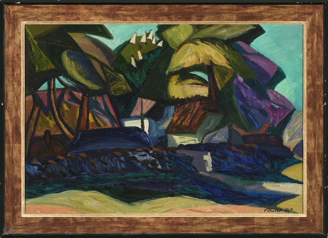 Valdur Ohakas (Estonian 1925 - 1998) oil painting: Autor (Artist): Ohakas, Valdur (1925 - 1998), Töö nimi (Name): Talu Koguva külas, Aasta (Dated): 1967, Tehnika (Medium): maal, õli, papp, Mõõdud (size): 48 x 69,5 cm ; raamiga (incl. frame): 58,