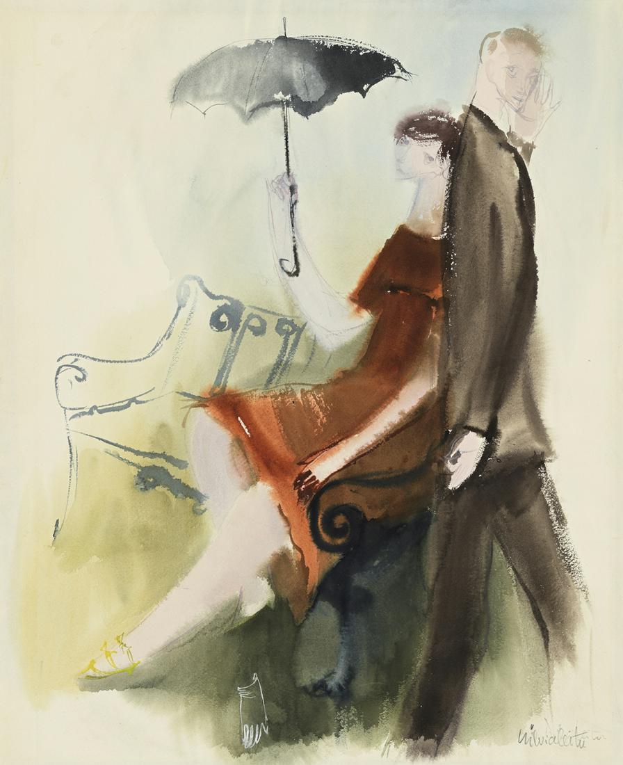 Silvia Leitu (Estonian 1912 - 1969) watercolor: Autor (Artist): Leitu, Silvia (1912 - 1969), Töö nimi (Name): Elu meessooga, Aasta (Dated): 1950-ndad, Tehnika (Medium): maal, akvarell, paber, Mõõdud (size): Lm 59,5 x 47,2 cm, Silvia Leitu oli p