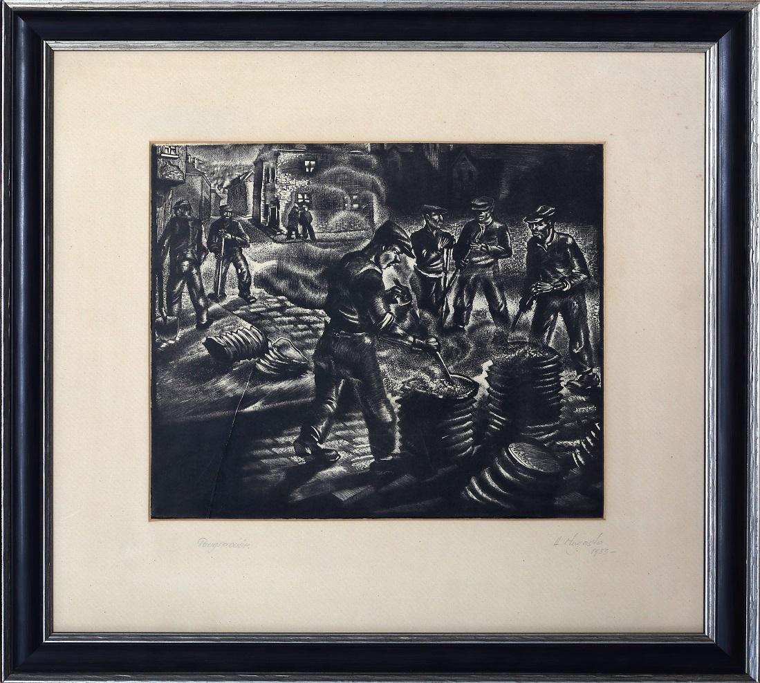 Hando Mugasto (Estonian) woodcut: Autor (Artist): Mugasto, Hando (1907 – 1937), Töö nimi (Name): Asfalteerijad, Aasta (Dated): 1933, Tehnika: graafika, puugravüür, paber, Mõõdud (size): vm 22,3 x 26,3 cm ; raamiga (incl. frame