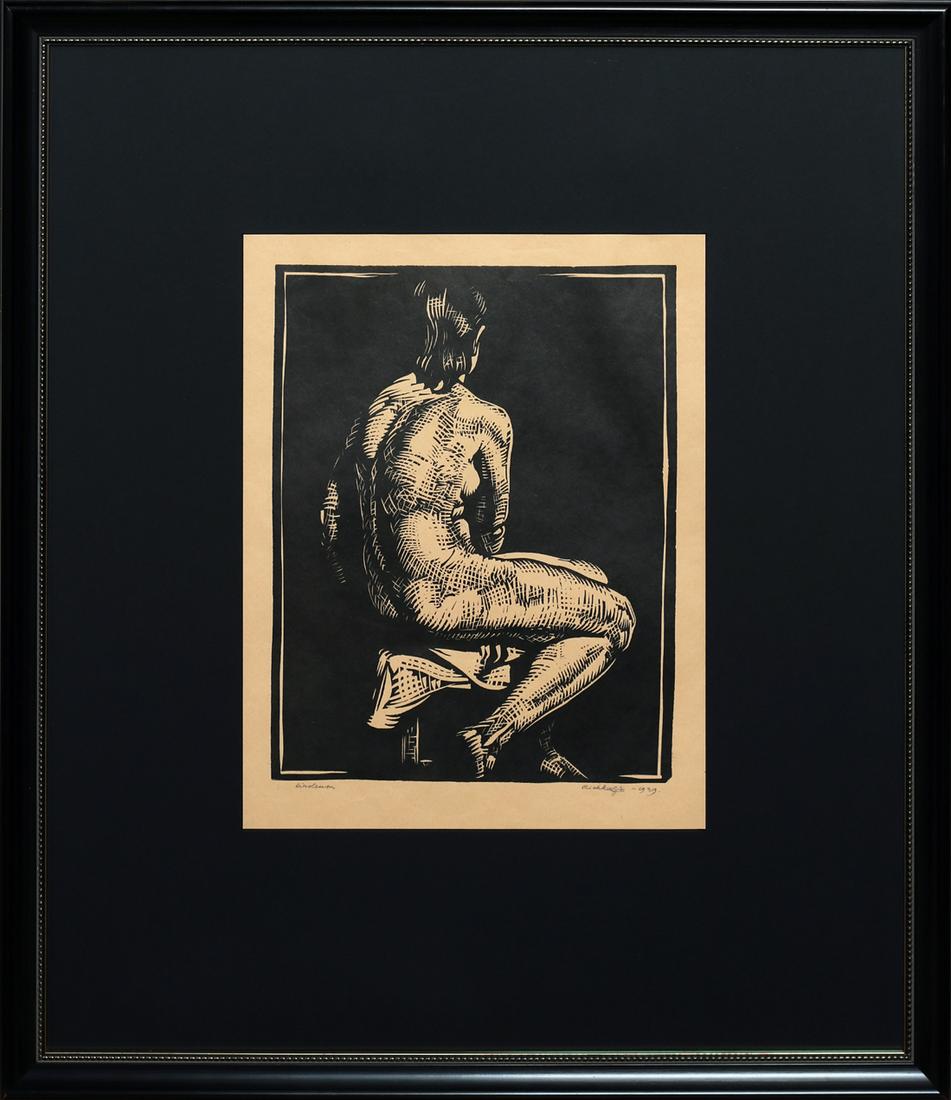Richard Kaljo (Estonian) Sitting nude linocut: Autor (Artist): Kaljo, Richard (1914 - 1978), Töö nimi (Name): Istuv akt (Akt), Aasta: 1939, Tehnika (Medium): graafika, linoollõige, pruunikas paber, Mõõdud (size): lm 45,5 x 37 ; km 31 x 24 cm 