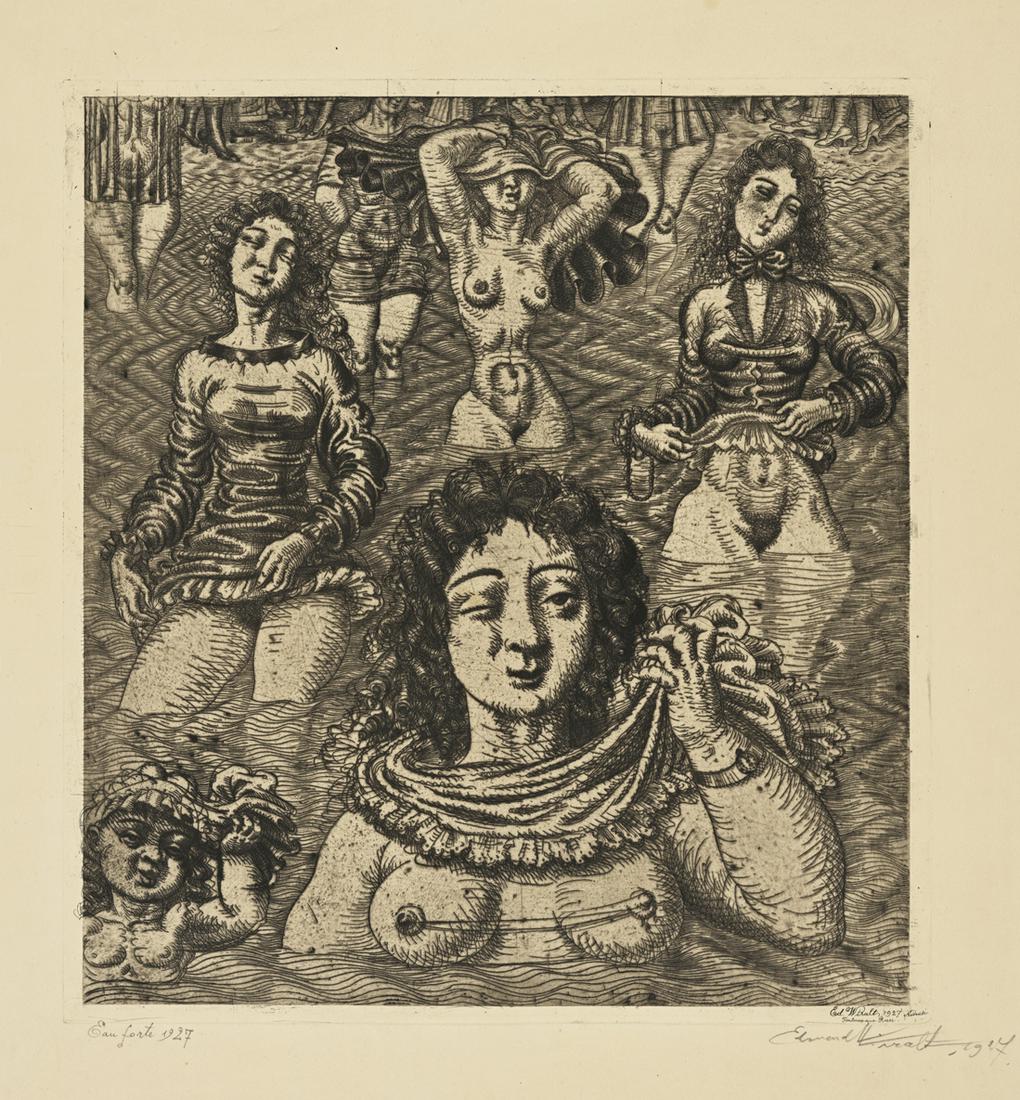 Eduard Wiiralt (Estonian) Etching of Bathers: Autor (Artist): Wiiralt, Eduard (1898 - 1954), Töö nimi (Name): Suplejad, Aasta (Dated): 1927, Tehnika (Medium): graafika, ofort, paber, Mõõdud (size): lm 65 x 50 ; plm 42 x 39 cm, Fontenay-aux-Ro